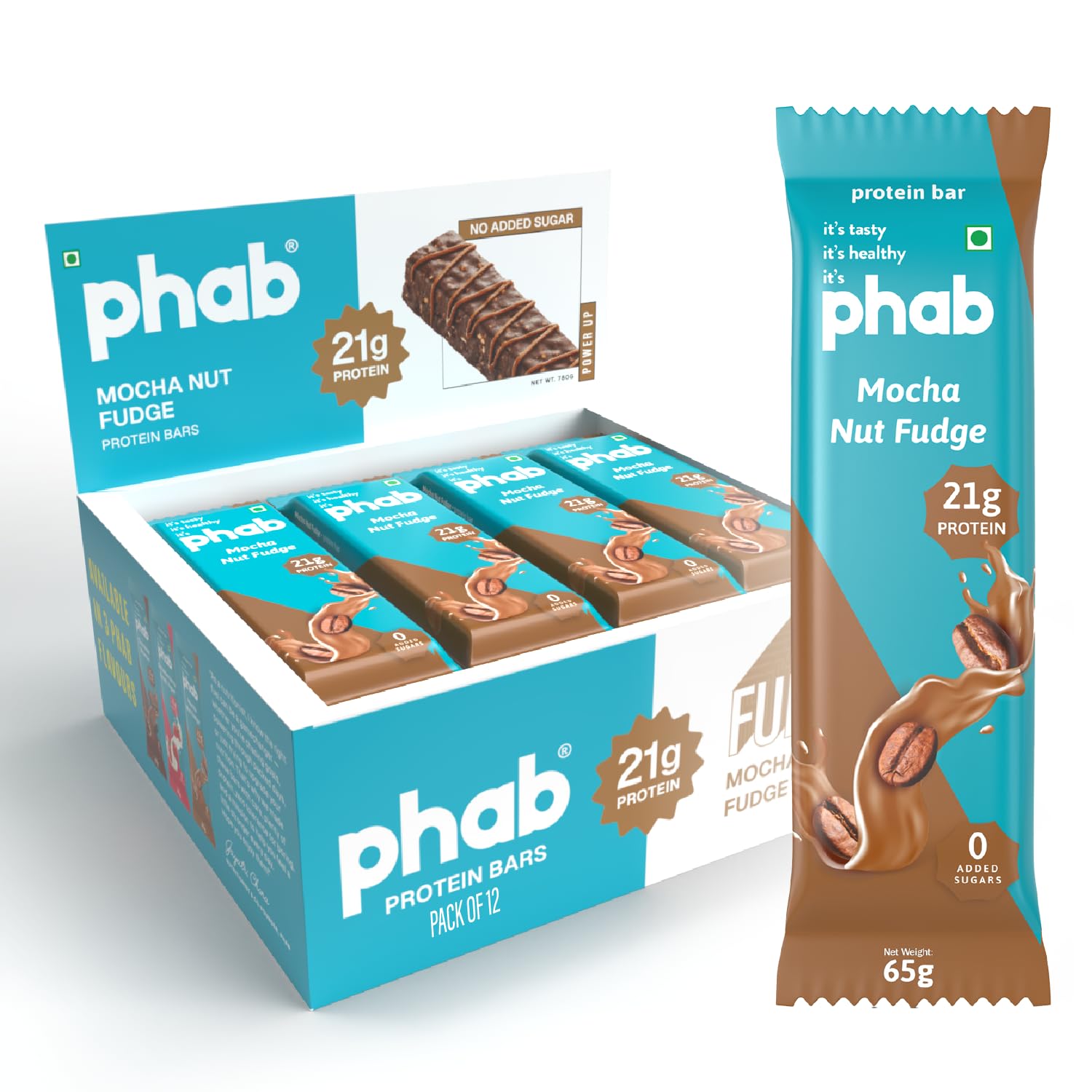 Phab 21G Mocha Nut Fudge Protein Bar | 8G High Fiber | Pea & Whey Protein Isolate, No Preservatives, Diabetic Friendly 100% Veg Protein Bar| Gluten-Free Protein Bars For Fitness, Energy & Immunity (Pack of 6)
