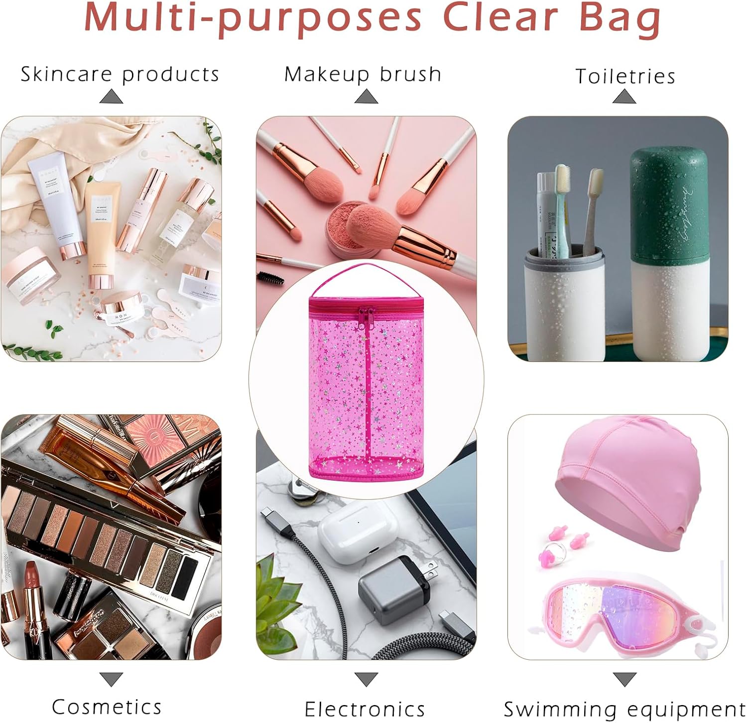 Clear Star Lotion Cylinder Bag for Toiletry,Waterproof PVC Sunscreen Travel Makeup Bag,Top Handle Cosmetic Bag Gift for Beach and Pool(01Hot Pink) - Image 6