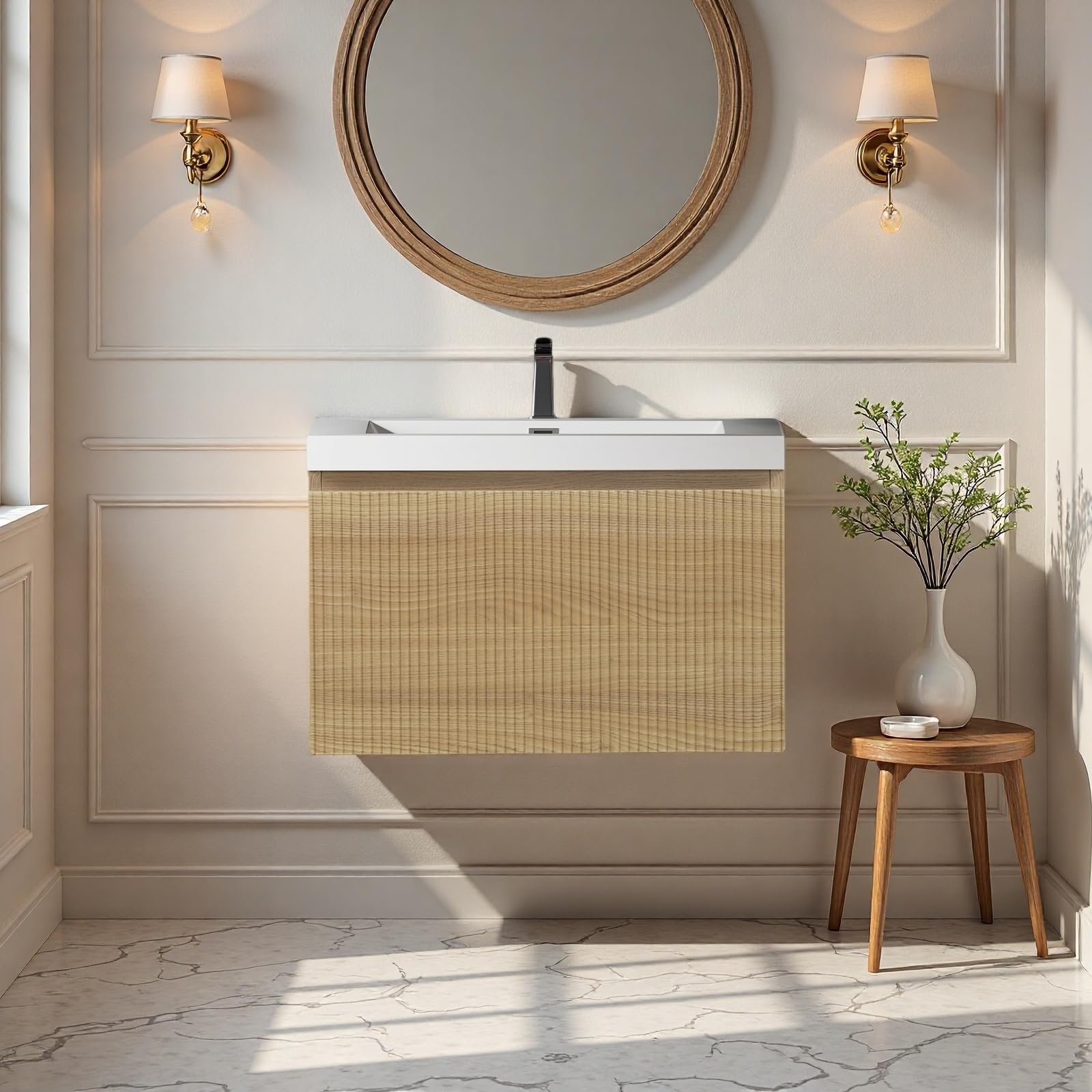 24'' Floating Bathroom Vanity with Sink, Wall-Mounted Bathroom Storage Cabinet with Soft-Close Striped Drawer &amp; Solid Surface Basin, Modern Natural Oak Body with Internal Handle, Wood