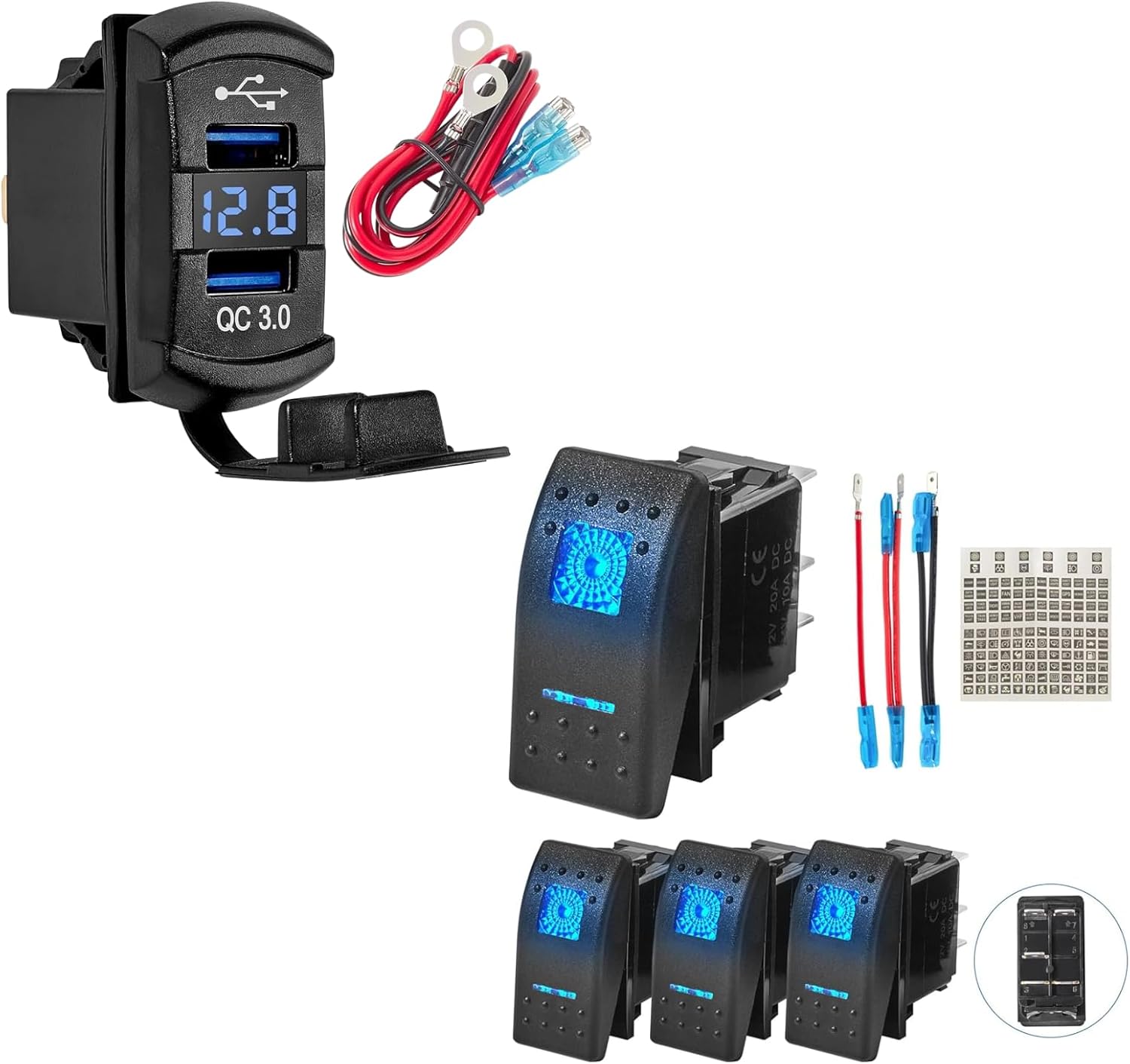 Anina LED Rocker Switch, 4 Pack 12A/20A 24V/10A LED Light Bar with 4.2A Dual USB Car Charger Port, Jumper Wire for Marine Toggle Switch Panel on ATV UTV Boat Polaris Can-Am Blue