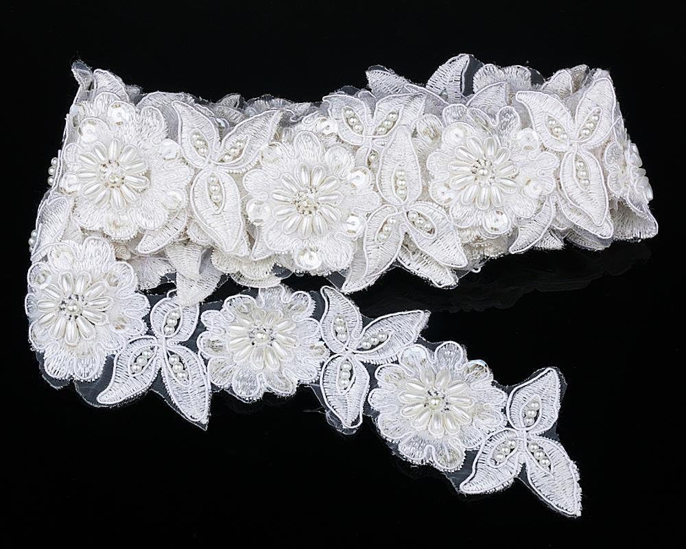 2 Yards White Embroidery Lace Sequin Fabric with Pearl Jacquard Ribbon Lace Fabric DIY Sun Flower Manual Wedding Lace Trim Decoration Sewing Accessories