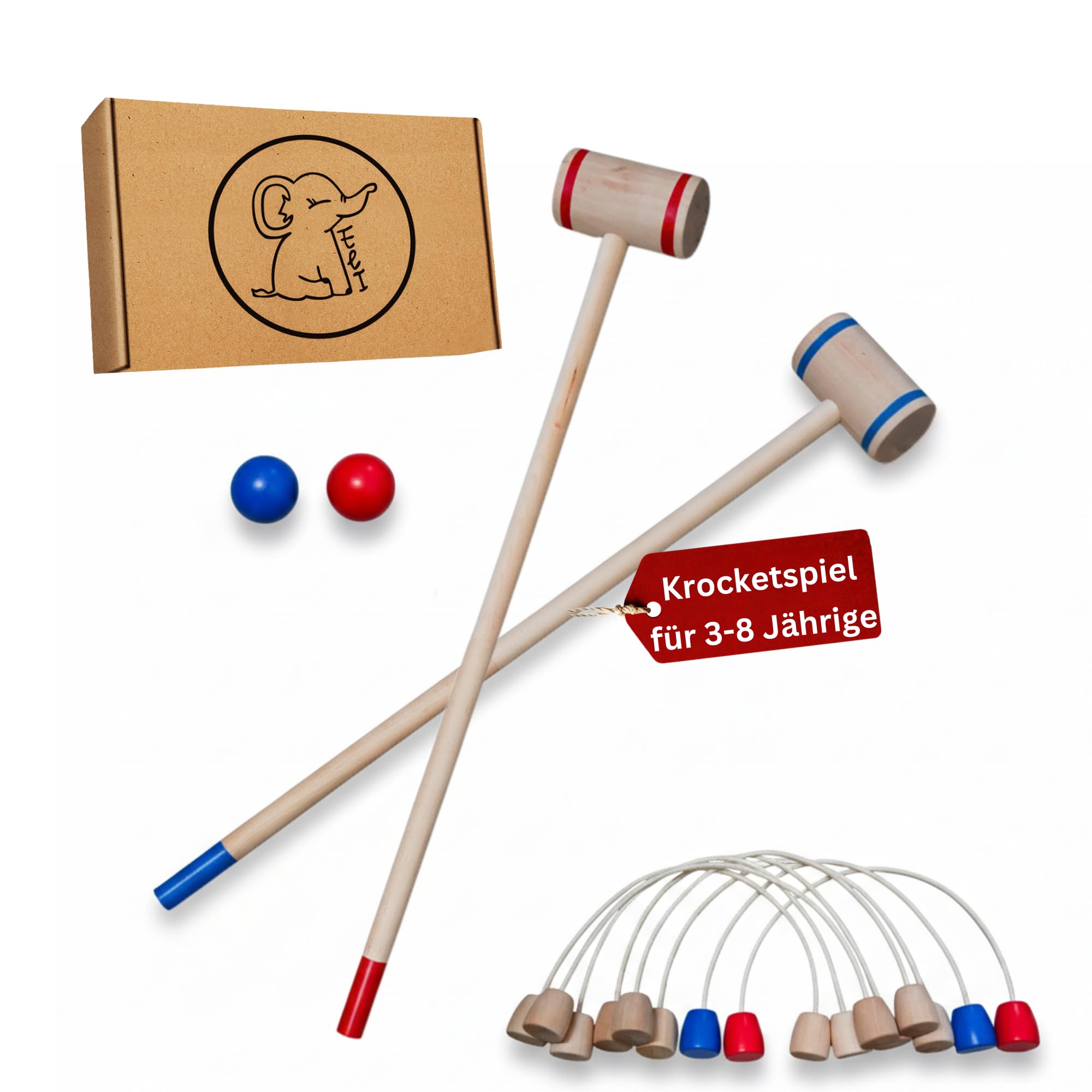Eli® Jeu de croquet pour enfants avec raquette – Cibles et balles en bois – Kit de crocket pour l'intérieur et l'extérieur – Jouet à partir de 3 ans – Jouet en bois