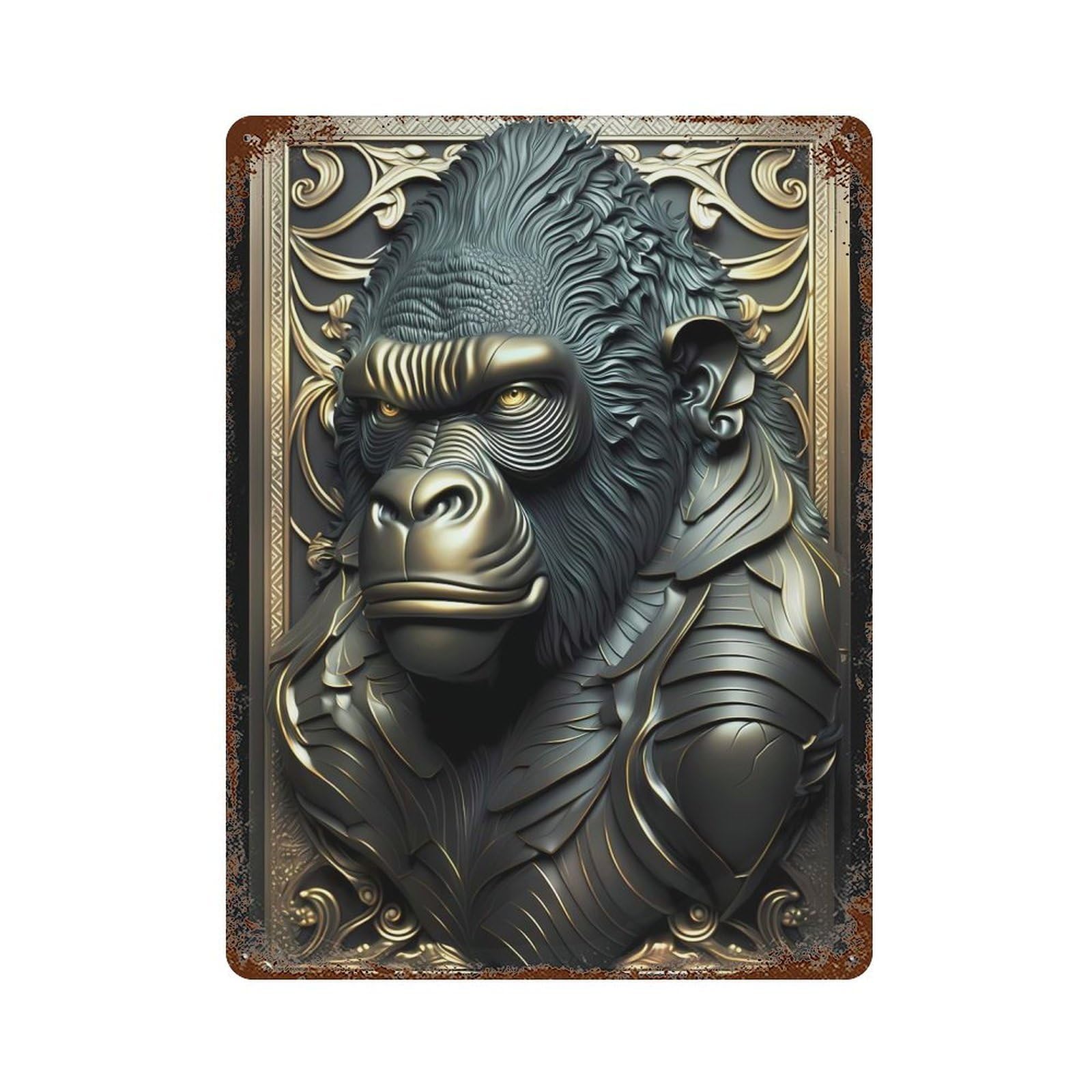 Black Golden Gorilla 15.7"x11.8" Rust Effect Tin Sign, Vintage Wall Decor for Farmhouse, Kitchen And Entryway Decor