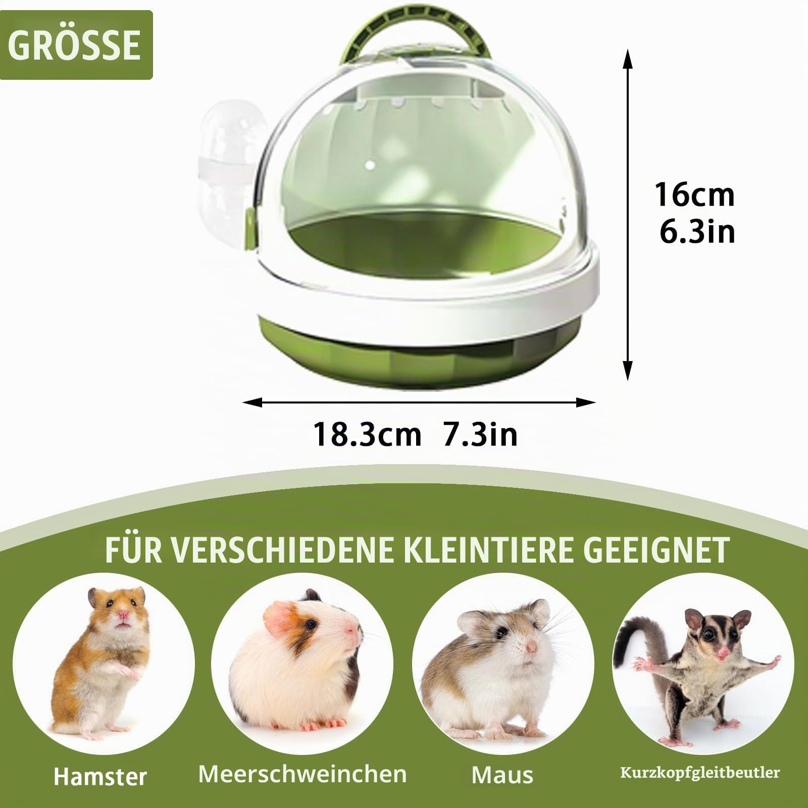 Tragbarer Hamsterkäfig mit Wasserflasche, Meerschweinchen-Tragetasche, Tragetasche für kleine Haustiere, Hamster-Reisetasche, Griff, Handheld-Käfig aus Kunststoff (grün)