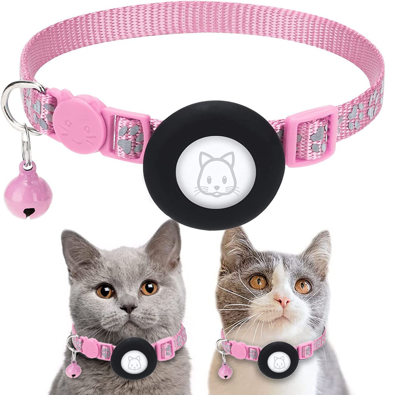 SAMMOOAirtag Cat Collar, Reflective Air Tag Cat Collars with Safety Buckle and Removable Bell, Cat Collar with Waterproof Airtag Holder Compatible with Apple Airtag Small Pet Collar (Pink)