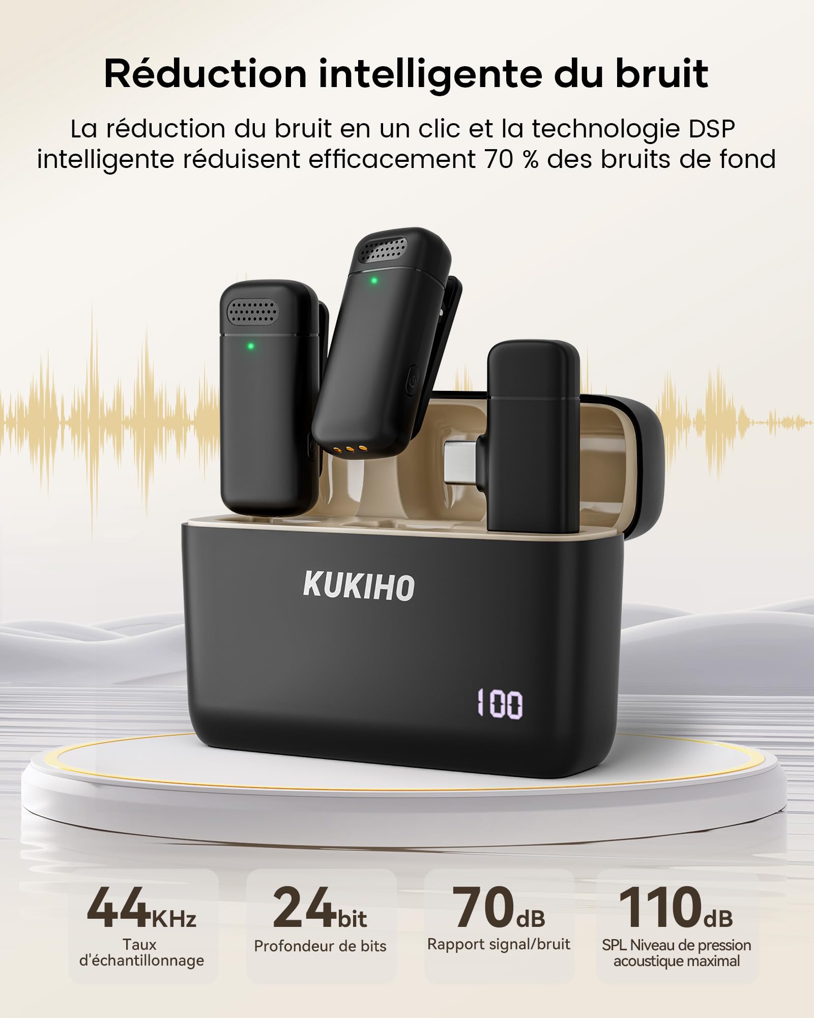 KUKIHO Microphone Lavalier sans Fil avec Chargeur, 36h Autonomie, Réduction de Bruit, Portée 40m, Plug-and-Play pour iPhone, iPad, Android, PC - Youtube, Vlog, Live-Streaming