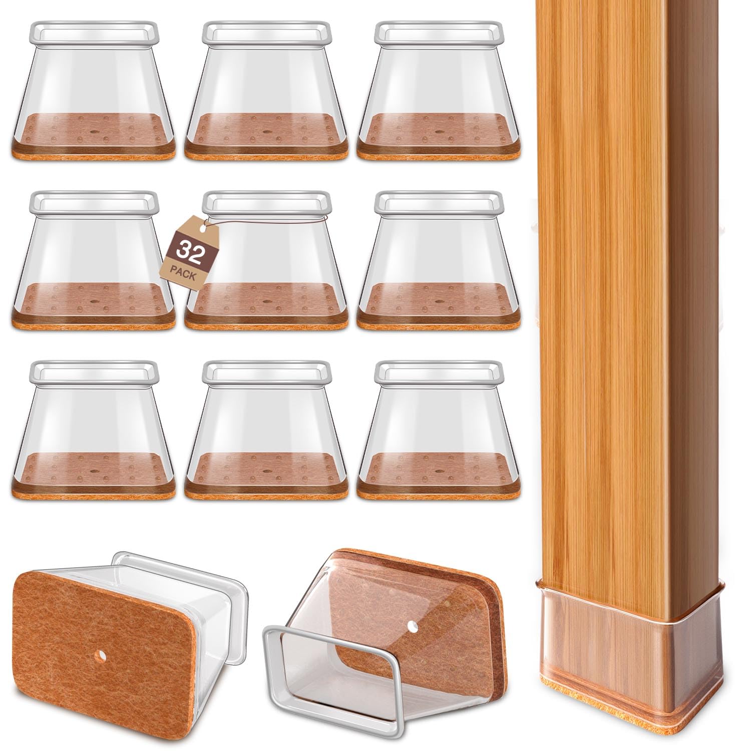Chair Leg Floor Protectors Rectangle Chair Leg Protectors for Hardwood Floors Silicone Caps Felt Furniture Pads Covers Anti-Scratch Reduce Noise 32 Pack Clear Fit:L 1.12"-1.5",W 0.75"-1"
