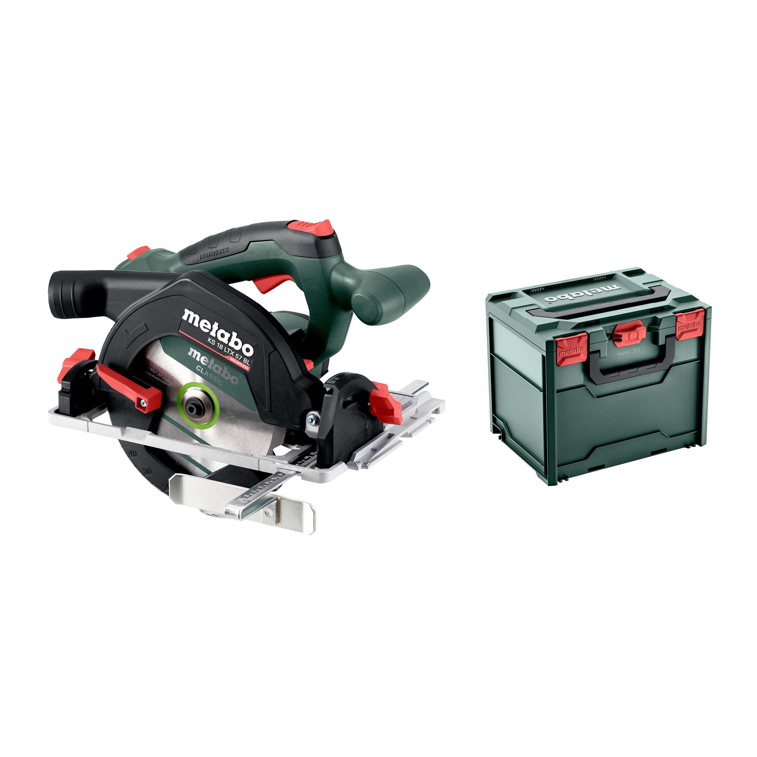 metabo KS 18 LTX 57 BL Akku-Handkreissäge, 18V Brushless, 57mm Schnitttiefe | Präzise Schnitte, Aluminium-Bodenplatte, Schrägschnitte bis 50°, 45° Rastpunkt, inkl. metaBOX, ohne Akku & Ladegerät.