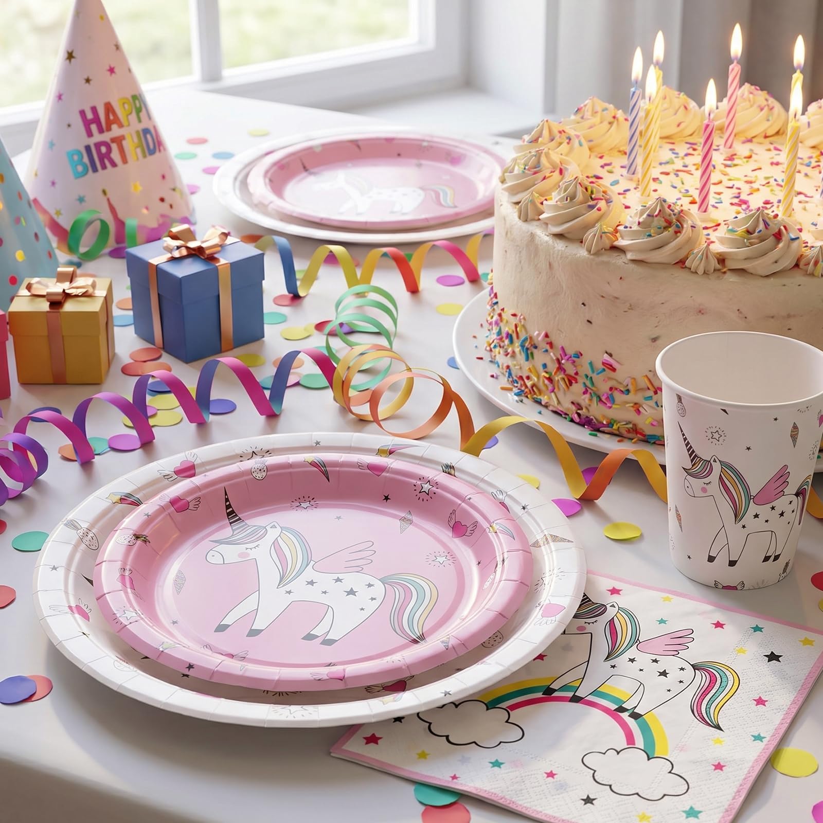 Set di stoviglie con unicorno, accessori arcobaleno, per ragazze, pacchetto con piatti da dessert, tazze, tovaglioli per 24 ospiti (96 pezzi)