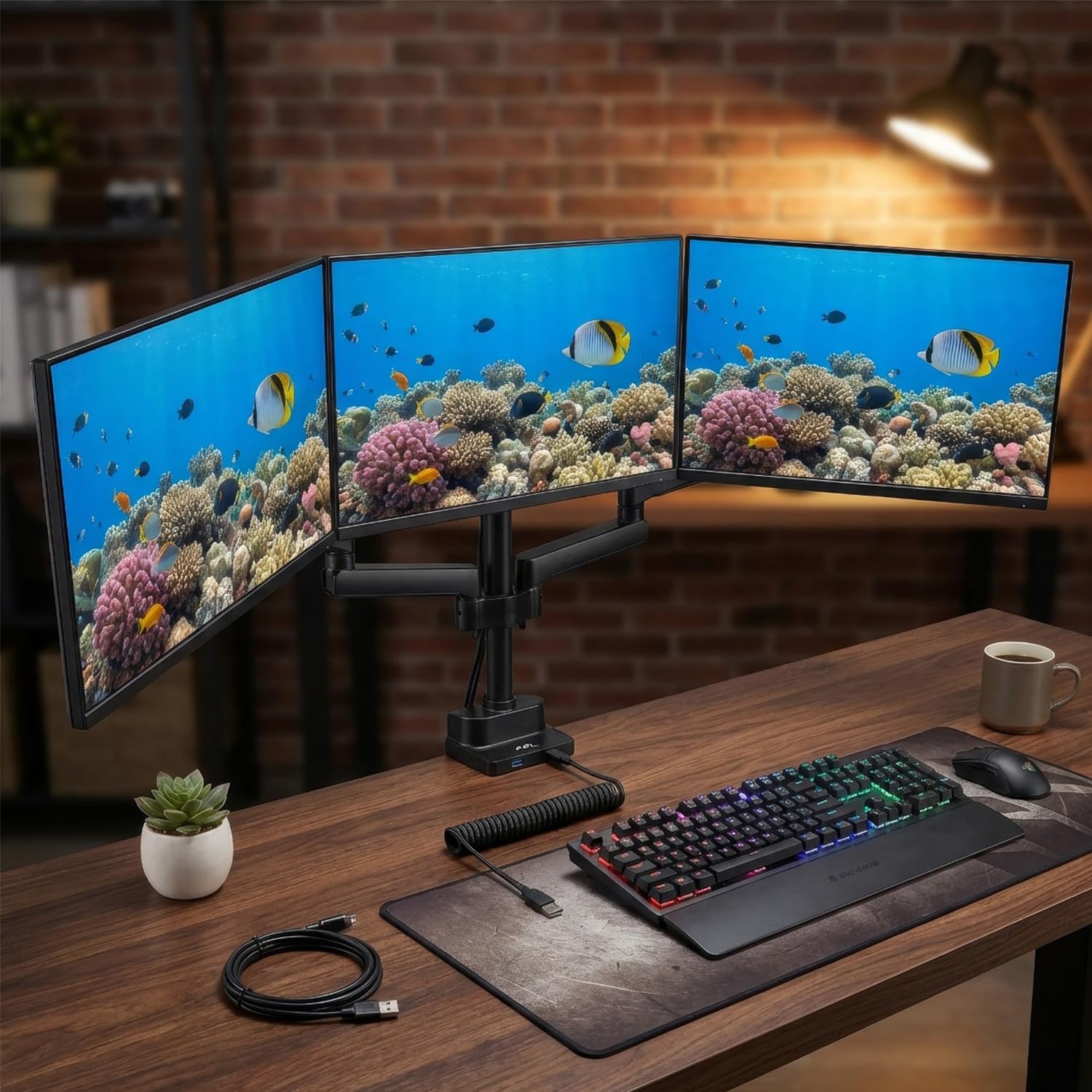 Maclean MC-811support d'écran Triple avec Support à Ressort pour Bureau avec Support à Ressort et Support de Moniteur VESA 75x75 100x100 17-27" pour 3 écrans + 2X USB 3.0 (3moniteurs+2X USB 3.0)
