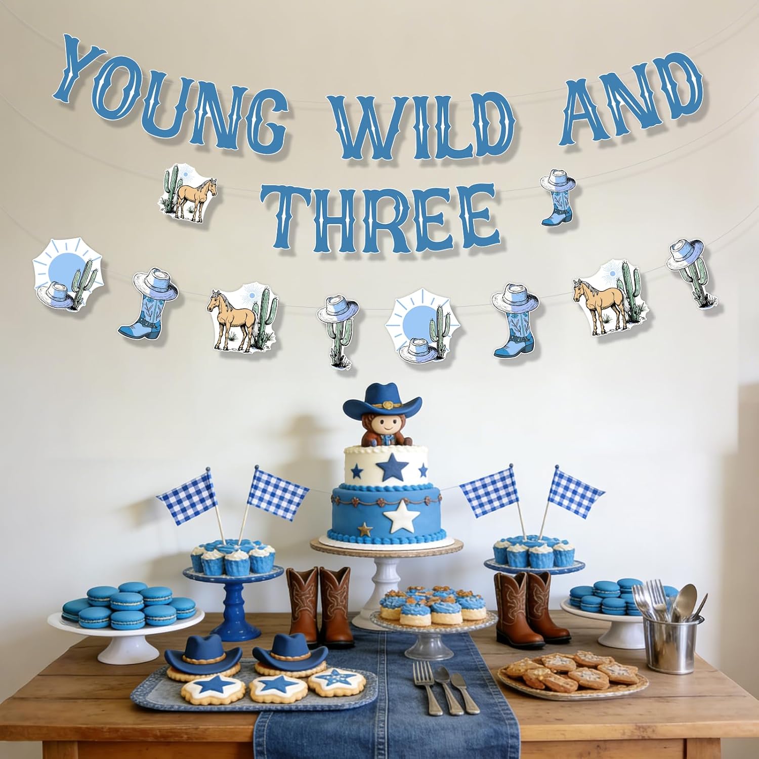 Young Wild and Three Birthday Banner Western Cowboy 3rd Birthday Backdrop Banner Blue Rodeo Cowboy Themed Garland Wild West Hanging Decor for 3 Years Old Boys 3rd Third Bday Party Supplies