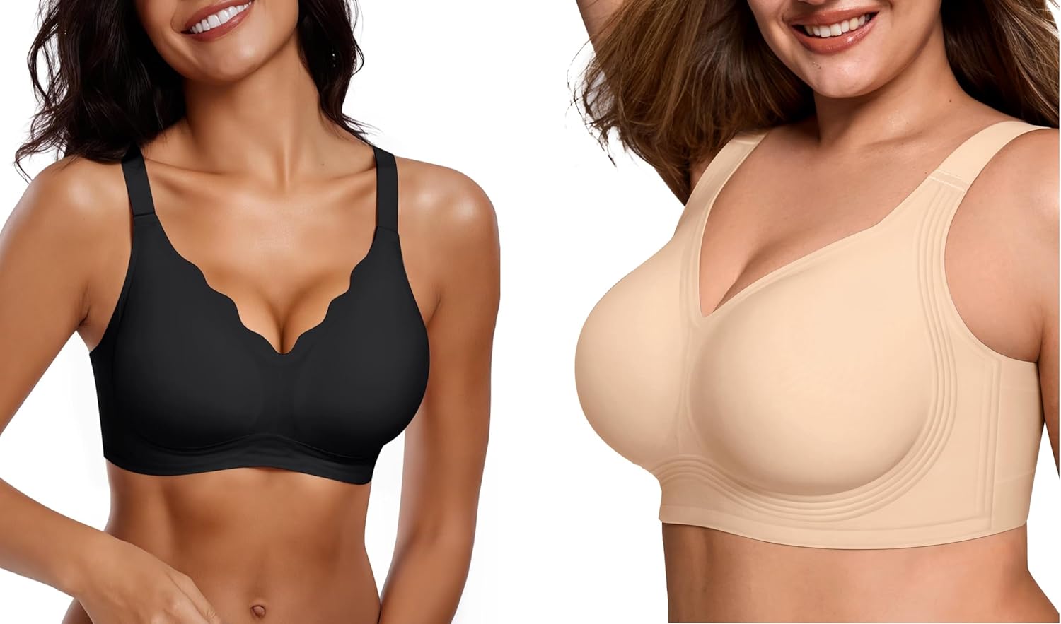 Vertvie Women's Seamless Bras(Black,3X-Large)+Minimizer Soft Wireless Push Up Bra(Skin,40D)