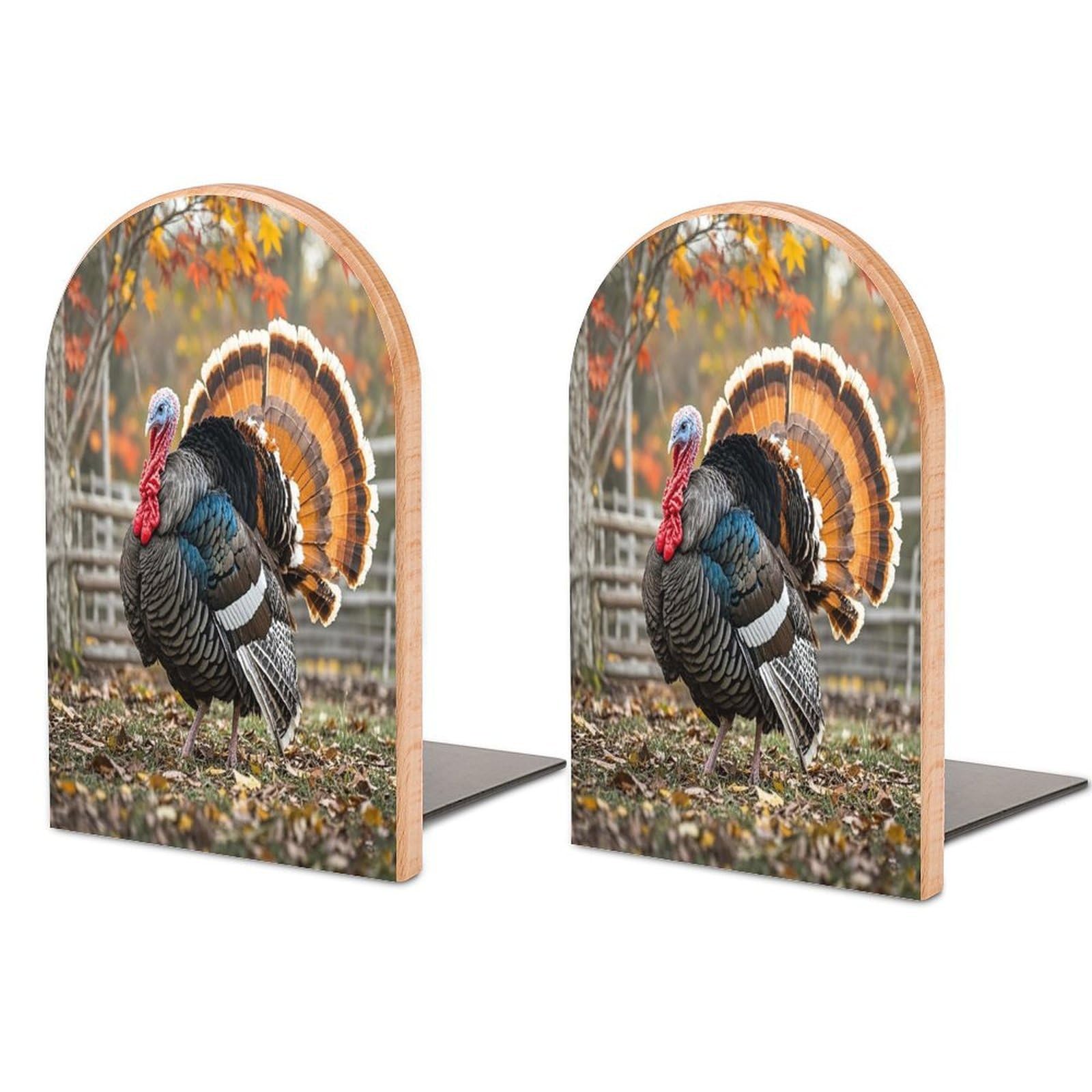 Turkey and Maple Leaves Bookend for Shelves Unique Book End Sturdy Books Holder Heavy Duty Wooden Bookends Support Non-Slip Book Organizers Decorative Modern Bookend Holder for Home