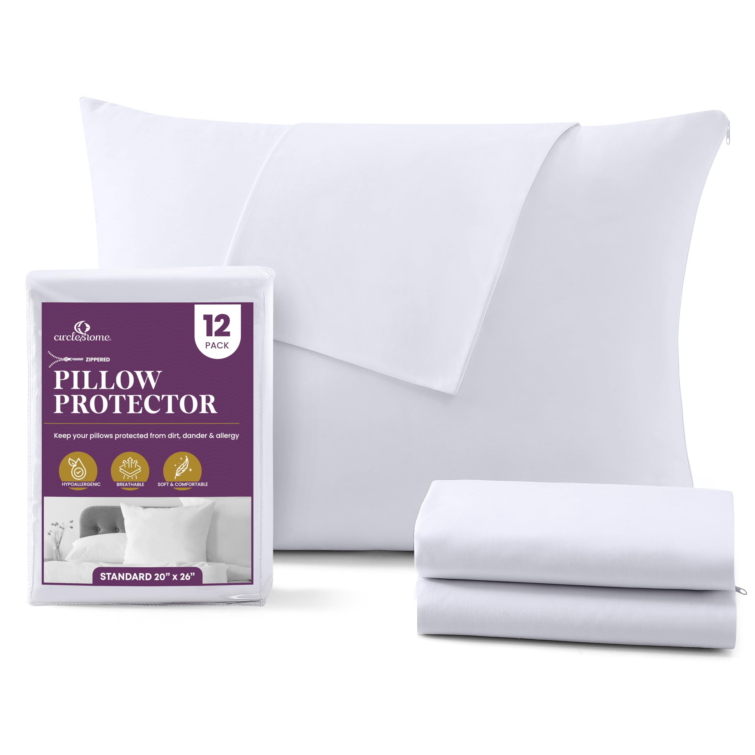 CirclesHome Pillow Protectors 12 Pack Standard Zippered - 100% Cotton Breathable Pillowcases - Protects Pillows from Dirt, Dust and Debris (Standard - Set of 12 - 20x26)