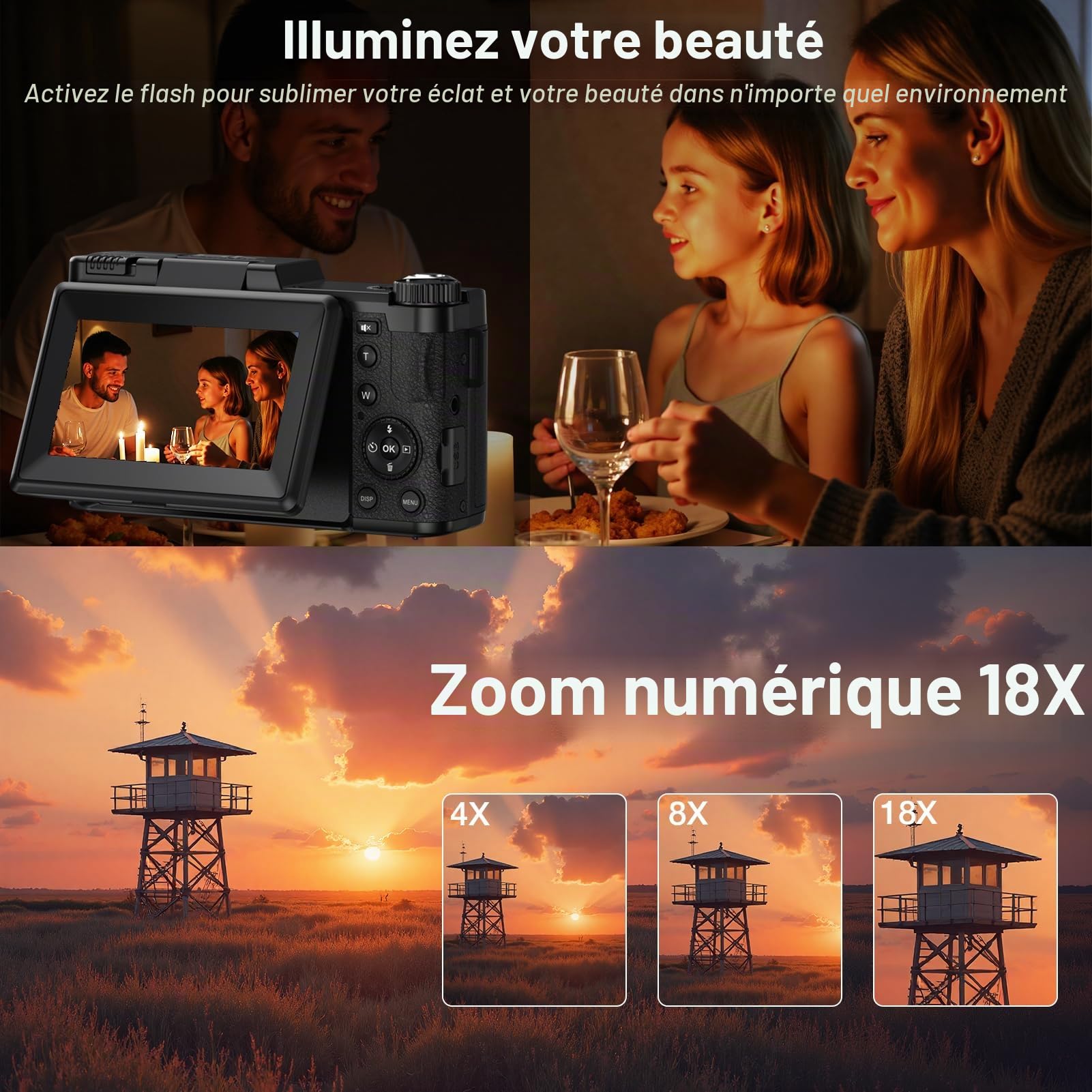Appareil Photo numérique 5K avec WiFi pour la Photographie, caméra de vlogging 64MP avec écran Rabattable pour Youtube, Comprend Une Carte SD de 64 Go, Un trépied, Une lumière Selfie et 2 Piles