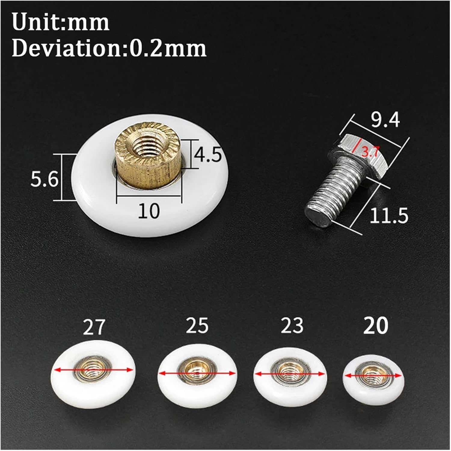 SBTRKT 4pcs Shower Room Pulley Bathroom Sliding Glass Door Wheels Nylon Copper Roller Replacement Door Pulley 20/23/25m Hardware (Color : 20mm)