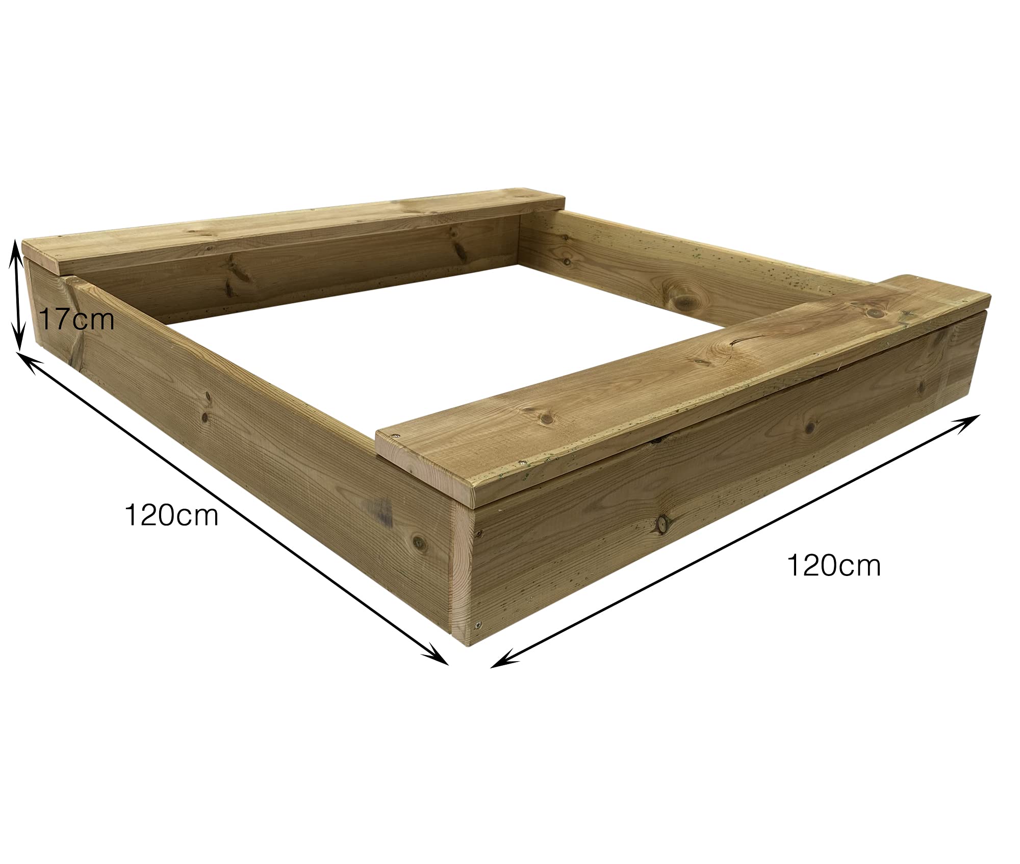 Clamaro 'Basic' Holz Sandkasten 120 x 120 cm extra stabil aus Fichte Massivholz Bohlen (26mm stark, imprägniert), 2 Sitzflächen mit abgerundeten Kanten, verzinkte Schrauben - 100% Made in Germany