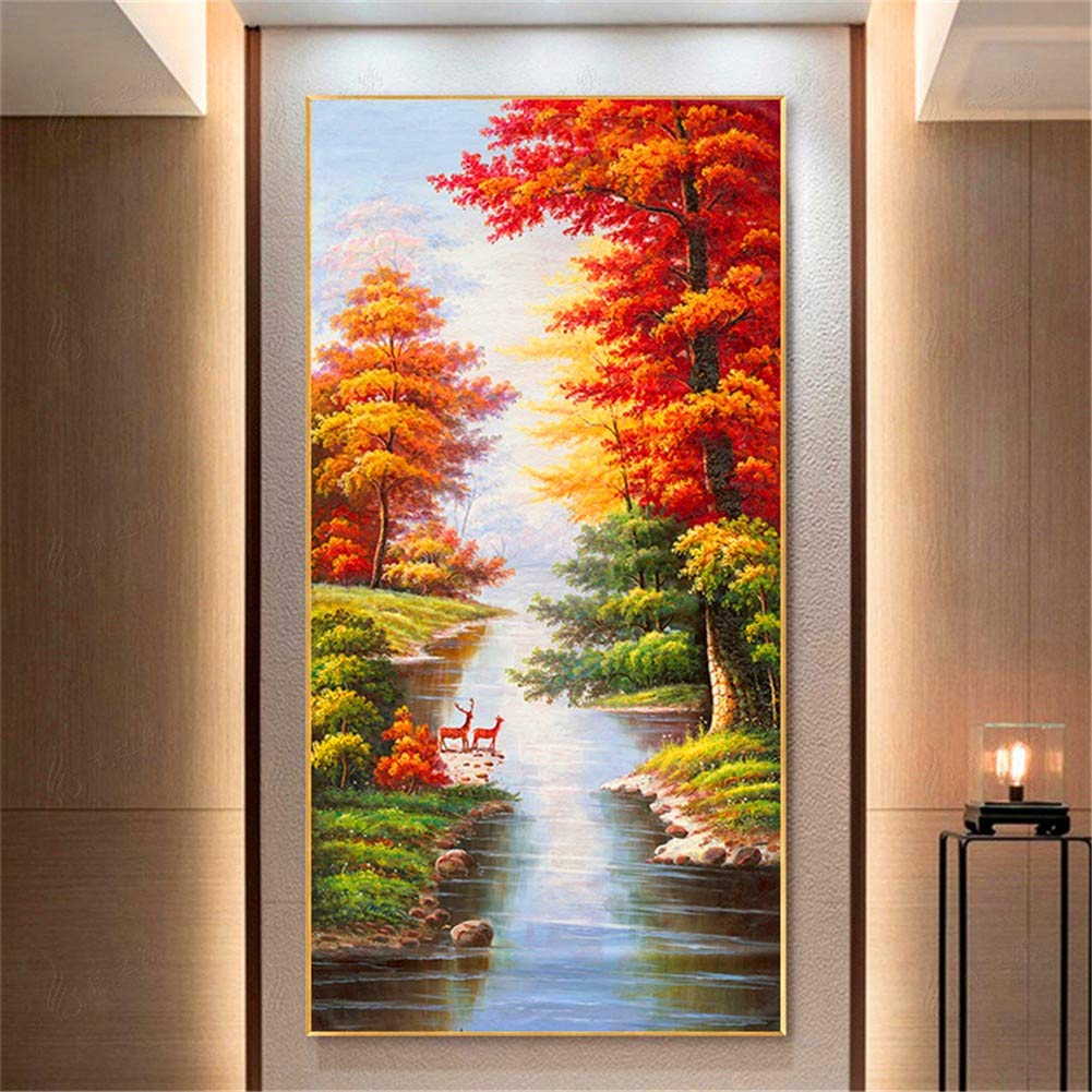 N / A 5D "zrób to sam" malarstwo diamentowe dla dorosłych, kompletny zestaw na jesień, drzewo rzeczne, 80 x 160 cm, diament, obraz, kryształ, stras, haft krzyżykowy, zestaw do haftu, duży diament, sztuka do dekoracji ściany