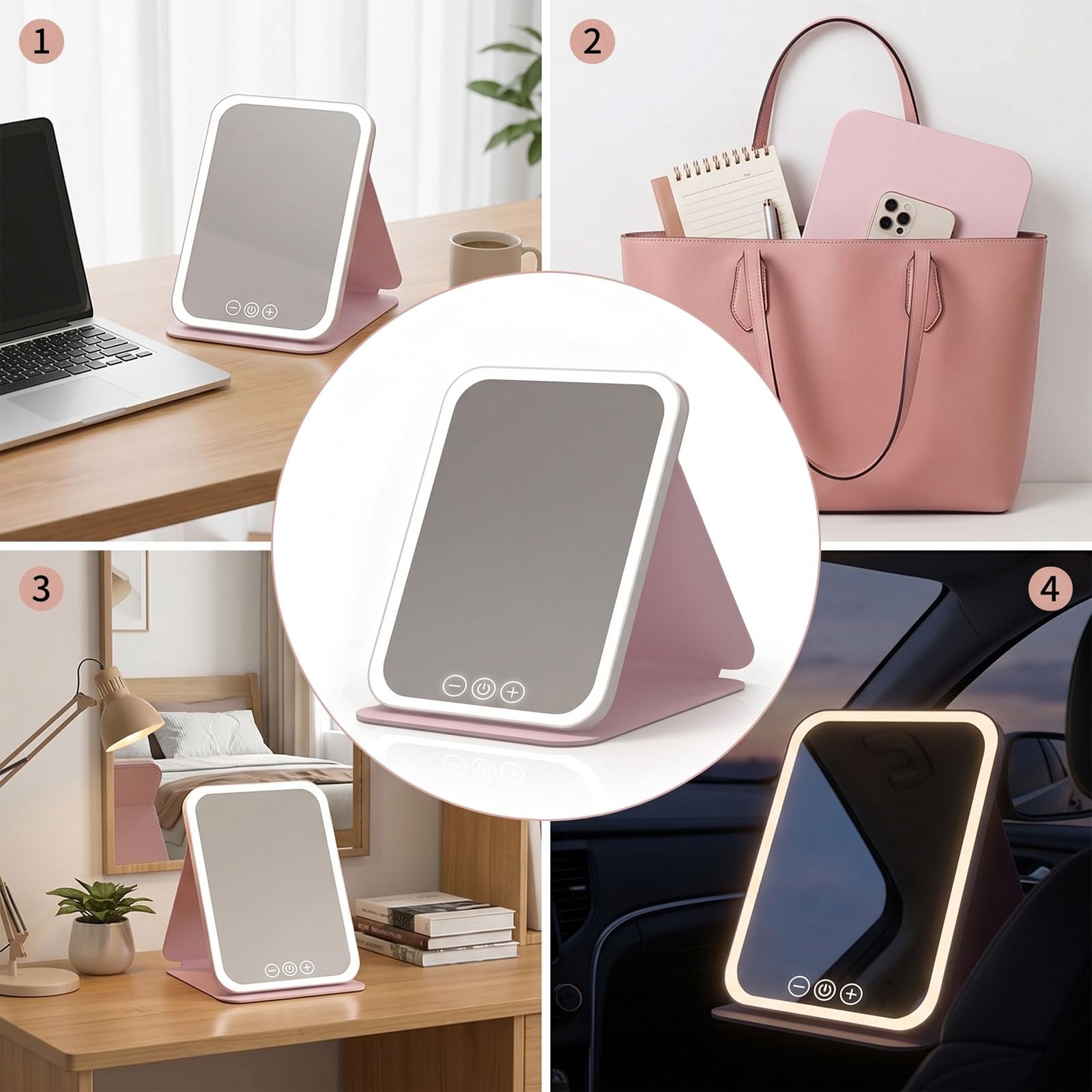 Espejo de maquillaje LED 10X aumento regulable, carga Type-C 17.5x23cm, plegable