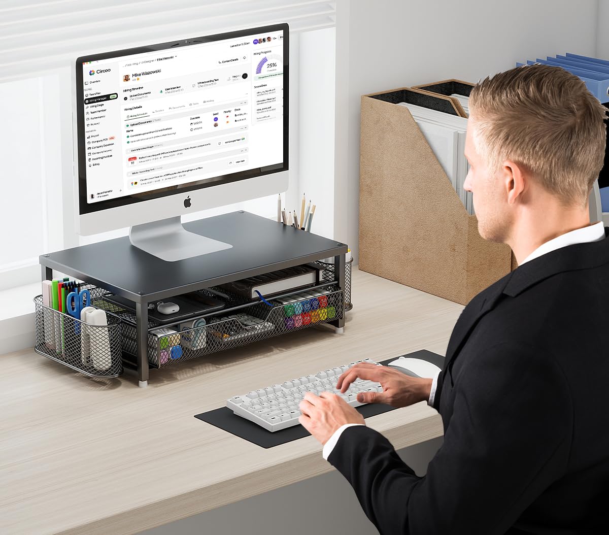 Supporto per monitor in metallo, per scrivania da ufficio con mensola, organizer per ufficio, organizer da scrivania con cassetto e portapenne, supporto per computer a 2 livelli, per iMac, PS4, PC
