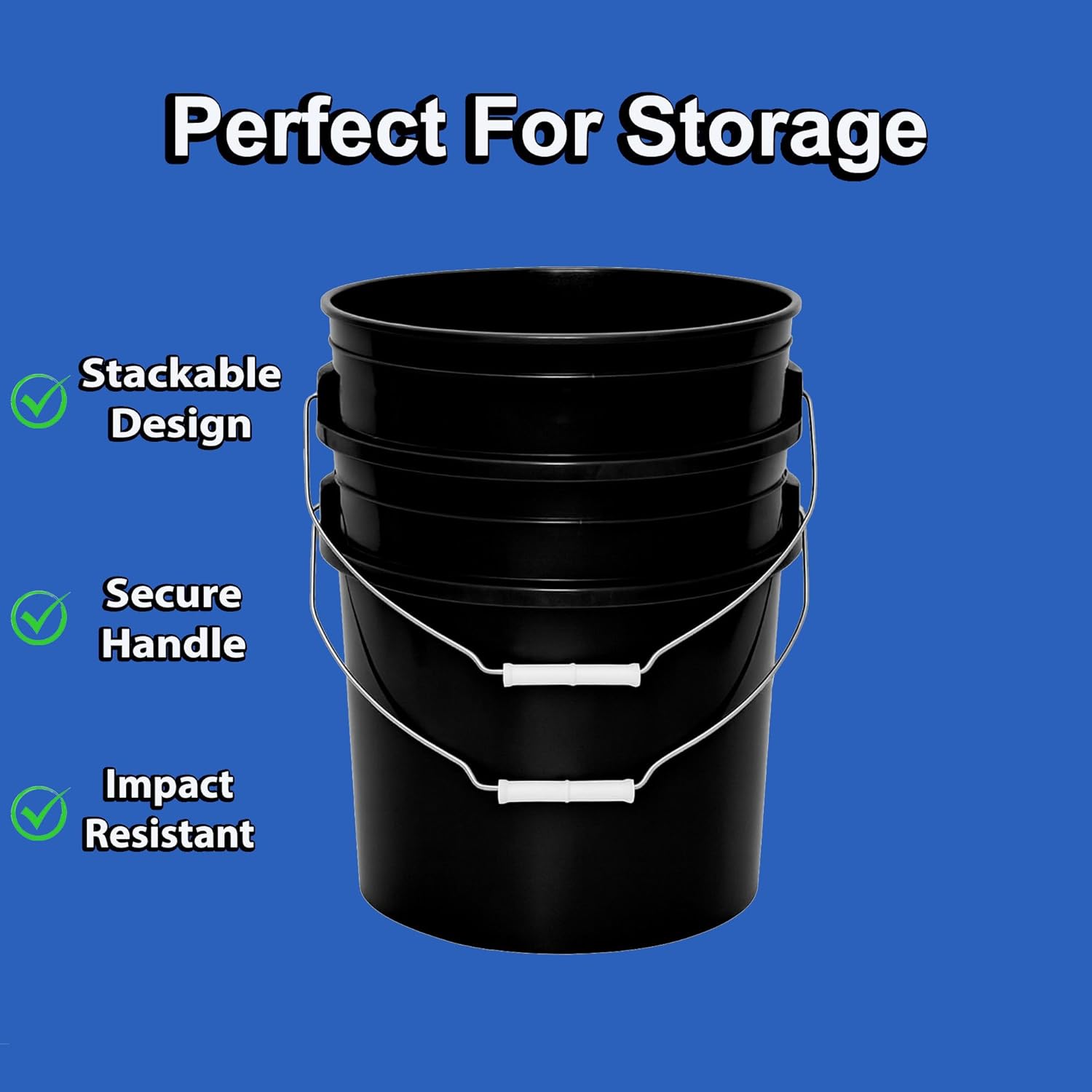 5-Gallon Bucket with Airtight Lid – Made in USA, Food Grade BPA Free Plastic, Heavy Duty Multi-Use, Metal Handle with Grip, Stackable Storage – Black, 1 Pack - Image 6
