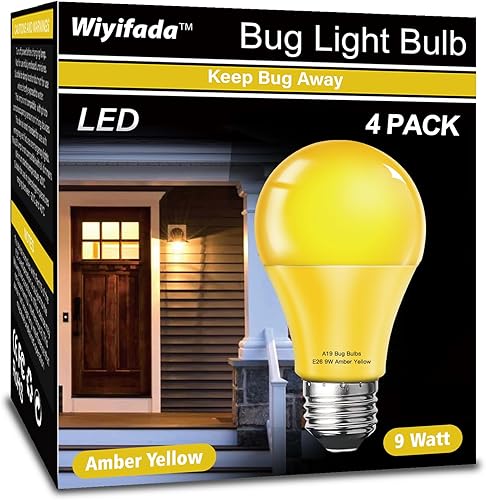 Paquete de 4 bombillas LED para insectos para exteriores, 9 W, color amarillo ámbar, reemplazan hasta 100 W, luces de insectos A19 para exteriores,