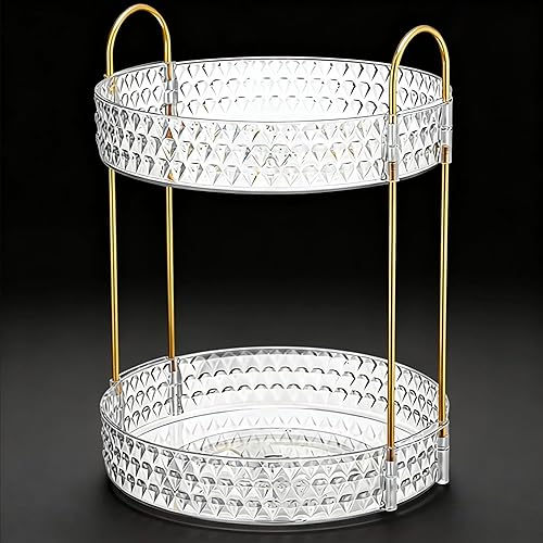 Miniatura 9 de Organizador de maquillaje giratorio dorado para tocador, organizador de perfumes y cuidado de la piel de gran capacidad de 2 niveles con soporte