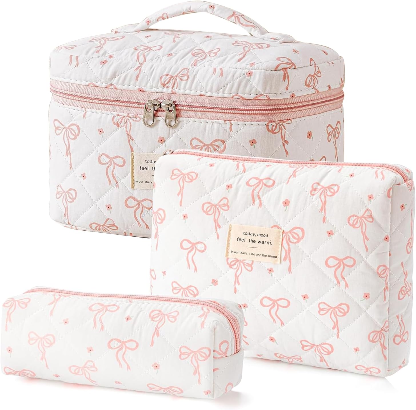 3 Pcs Cotton Quilted Makeup Bag Set, Floral Cotton Cosmetic Bag, Aesthetic Toiletry Travel Organizer Bag for Women (Big Bow)