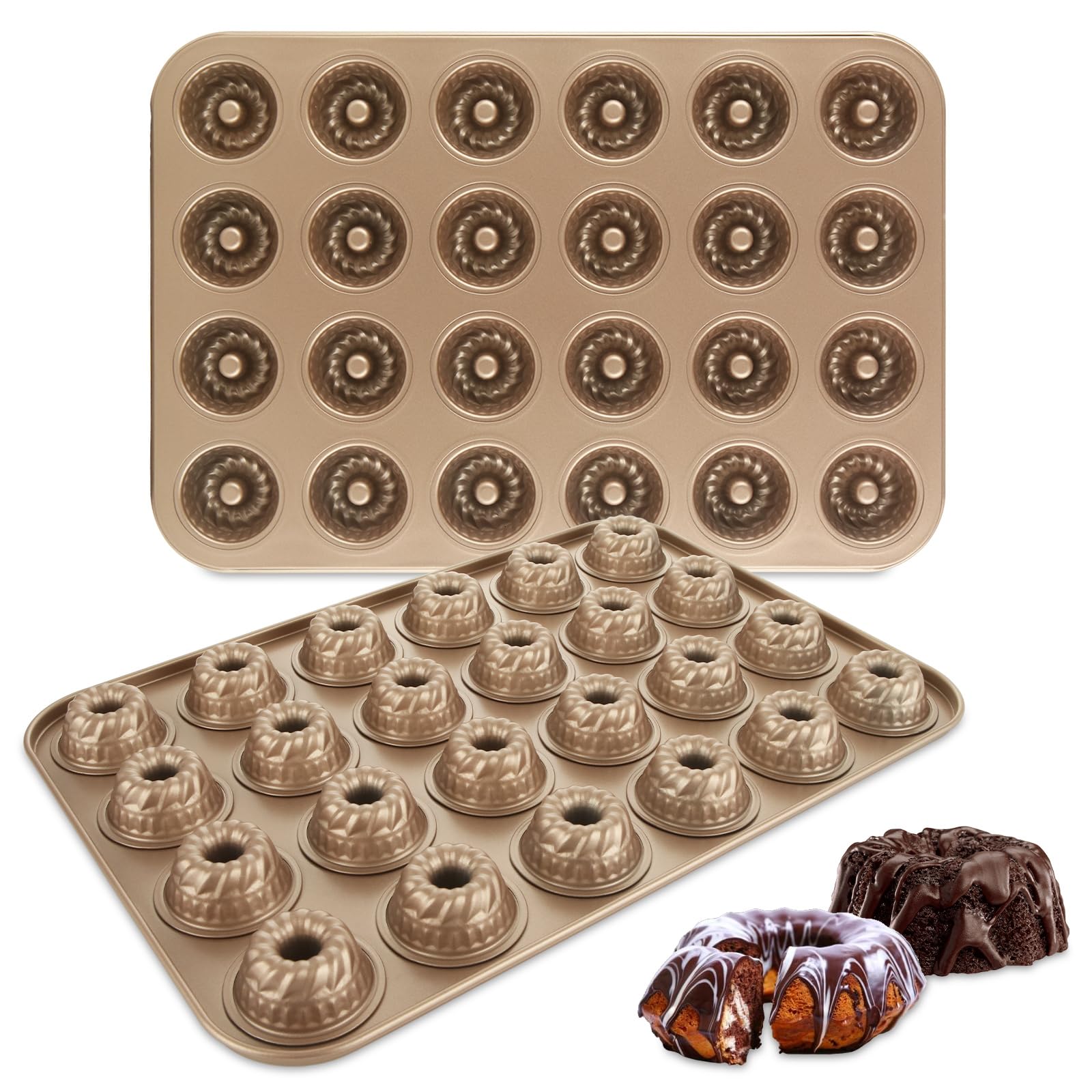 Paquete de 2 mini moldes para tartas para hornear, mini moldes de tubo estriado de 24 cavidades, molde antiadherente de acero al carbono para hornear
