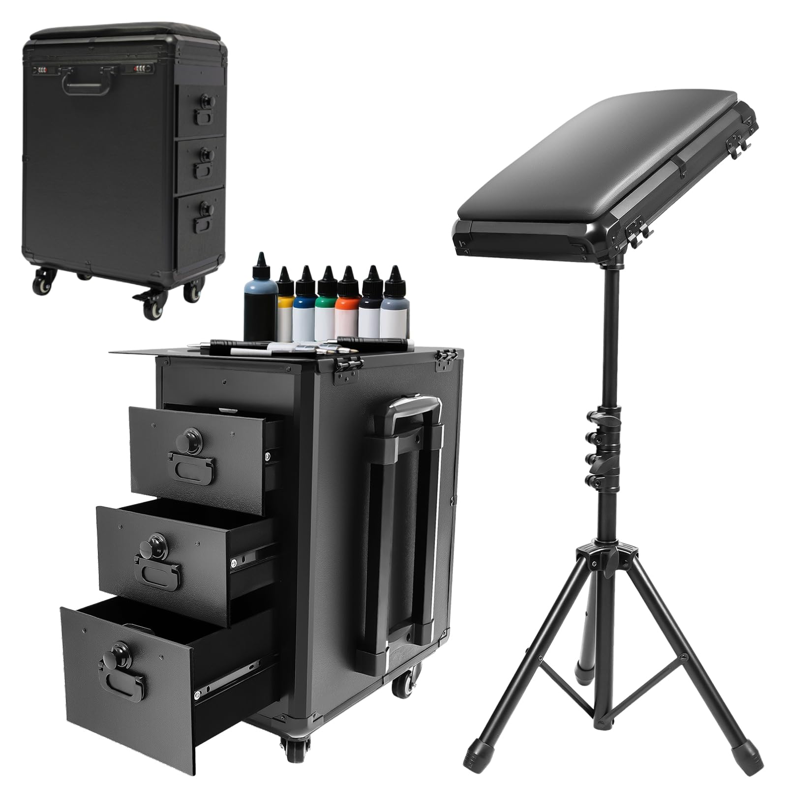 Maletín de cosméticos trolley maletín de tatuaje con soporte para reposabrazos, maletín de maquillaje con 3 cajones y cerradura de combinación y banco de trabajo, mesa de tatuaje soporte de