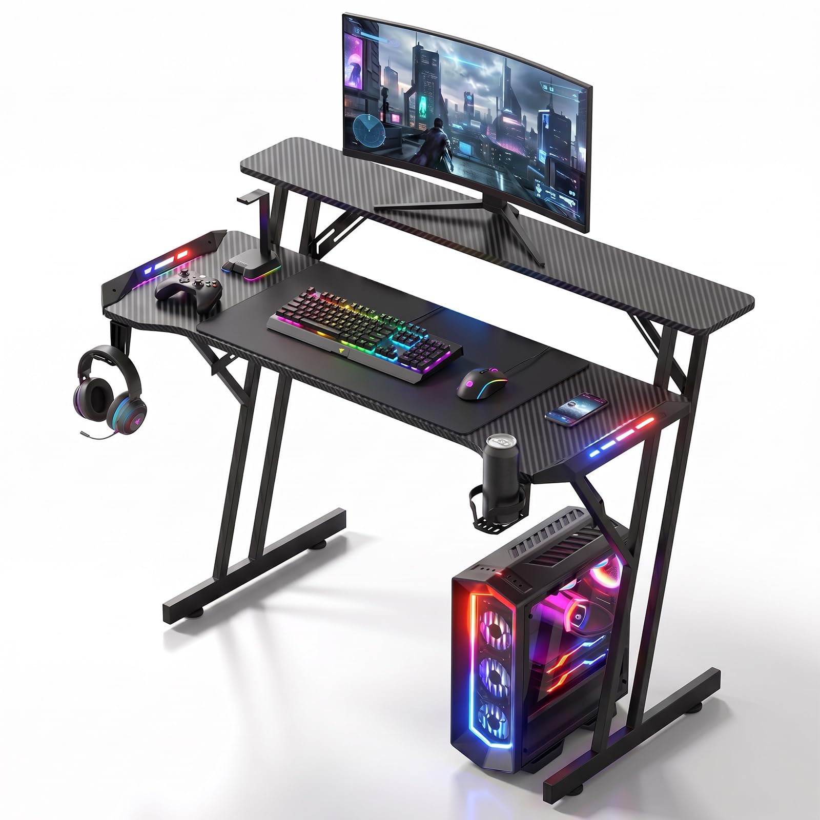 Verdego Gaming Tisch mit LED Beleuchtung, Monitorständer, PC Tisch 120 cm | Gaming Schreibtisch mit Getränkehalter, Kopfhörerhalter, Kohlefaseroberfläche, Computertisch für Streaming, Schwarz