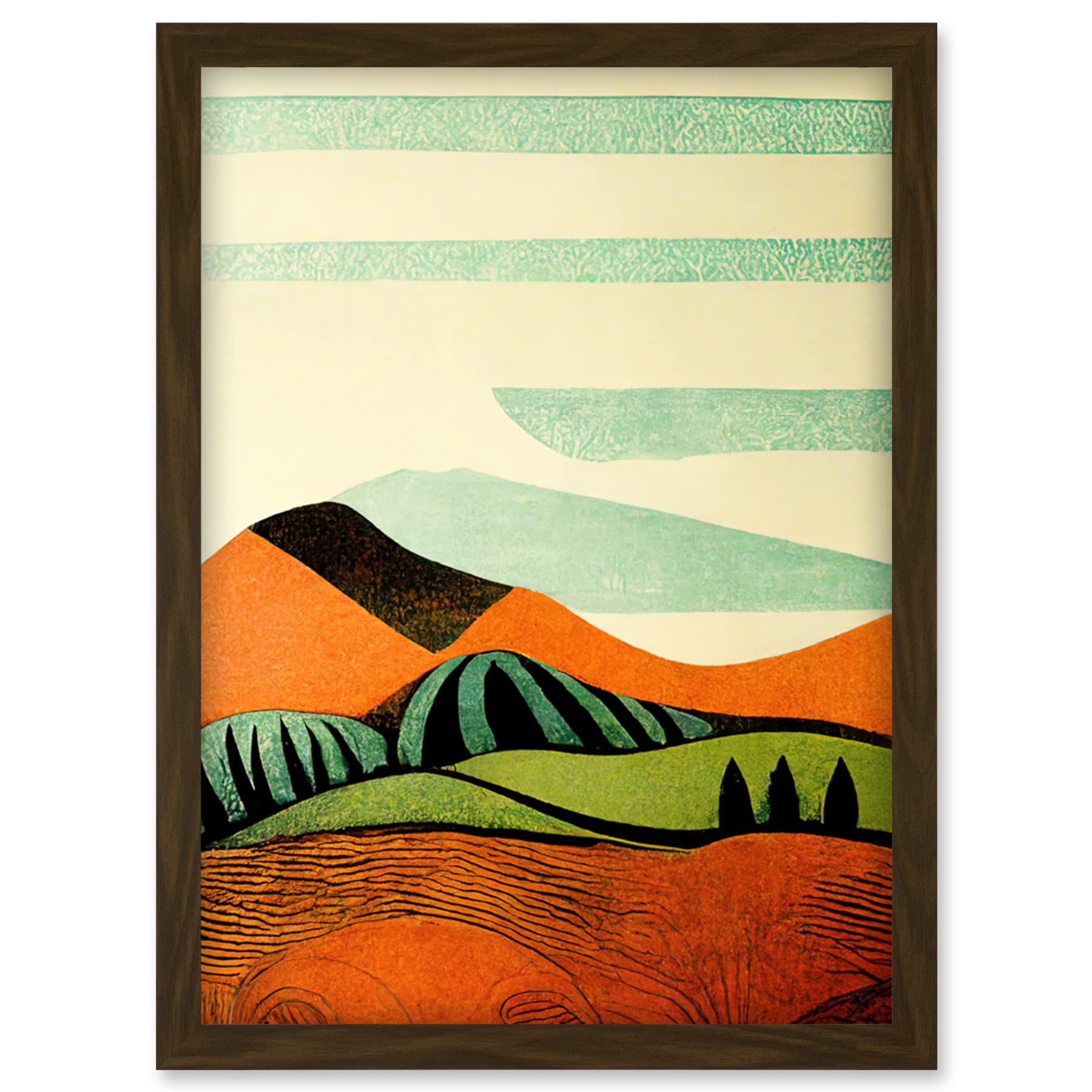 Doppelganger33 LTD Abstract Eclectic Tangerine And Olive Countryside Linocut Illustration Artwork Framed Wall Art Print A4