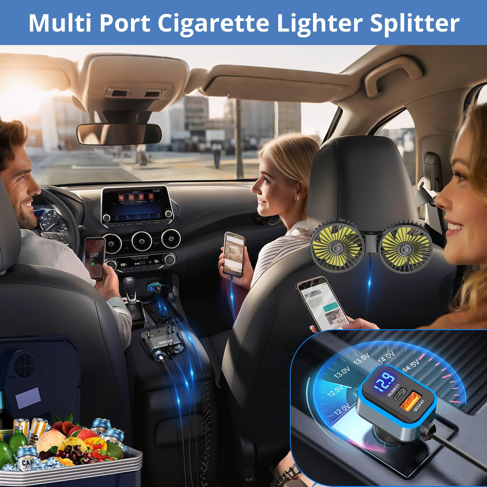 Qidoe 360W Prise Allume-Cigare Voiture 9 en 1, 3 x USB C PD 36W + Prises Multiples, 12V/24V Adaptateur Allume-cigares avec Interrupteur Voltmètre à LED Charge Rapide Phone/GPS/Dash Cam
