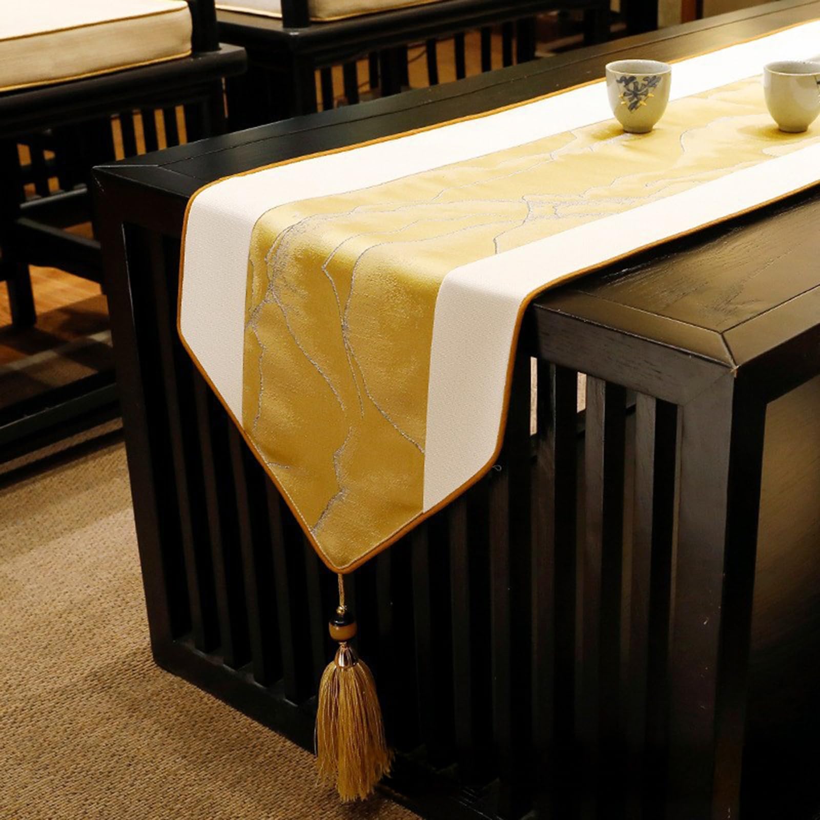 Gelb Tischläufer Leinen Polyester, Dekostoff Tischläufer Abwaschbar Einfache Mittlerer Gestreift Berg Muster mit Quasten Tischdecke für Küche Esszimmer Dekor, 33x200 cm, Gelb
