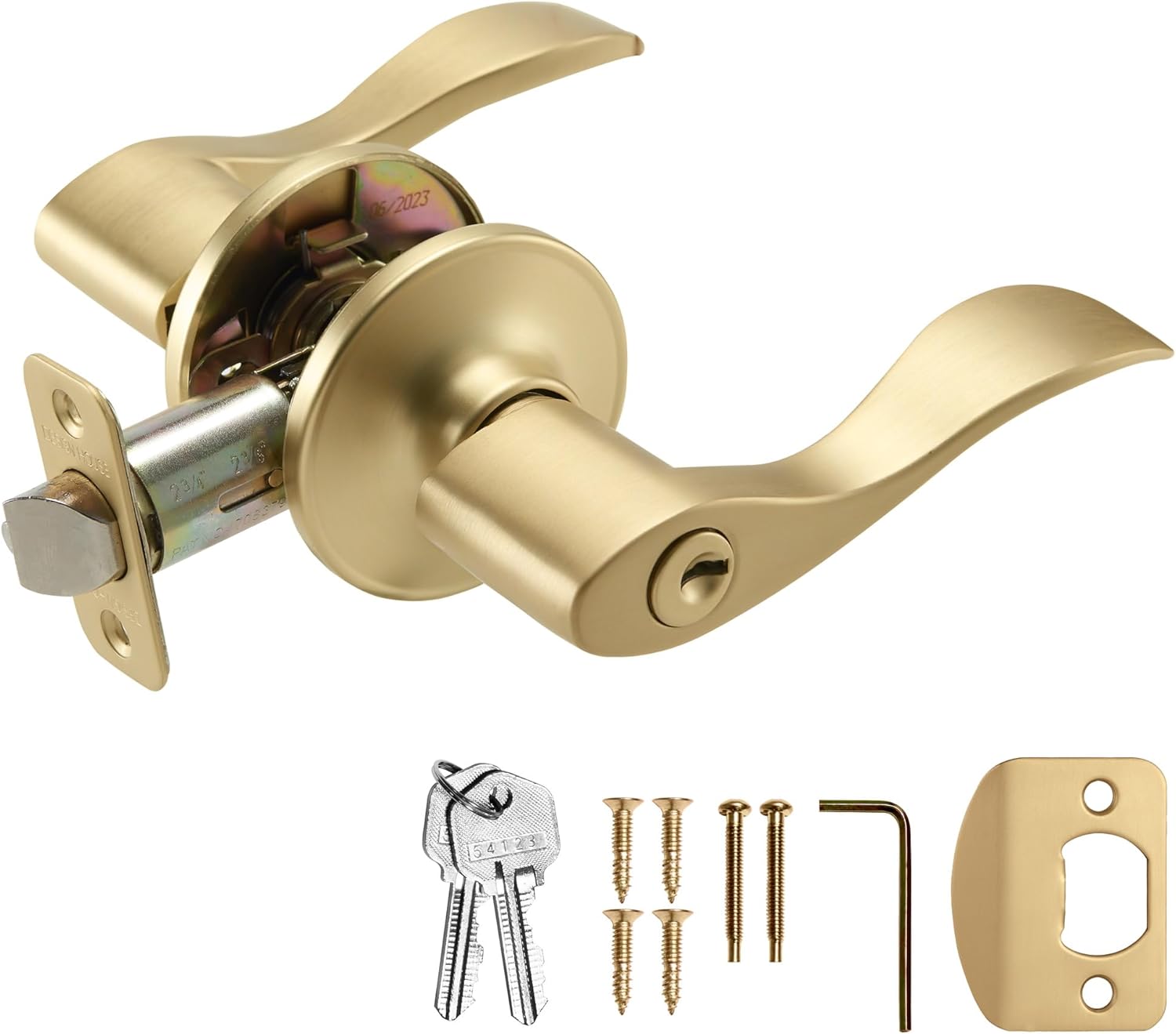 Design House Springdale Keyed Entry Exterior Door Lever Handle Lockset, Front Door Lock Hardware, Satin Gold, 6.375 in x 1.94 in x 2.625 in, Item 728881
