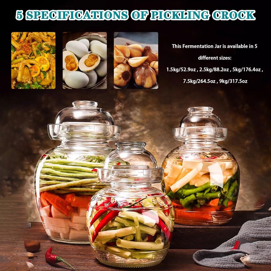 Fermentation Jar With Lid Simple Glass Carved Kimchi Jar, Water-sealed Traditional Pickling Crock, Grain And Candy Storage Vessel, Personalized Kitchen Decoration(2.5kg/88.2oz)
