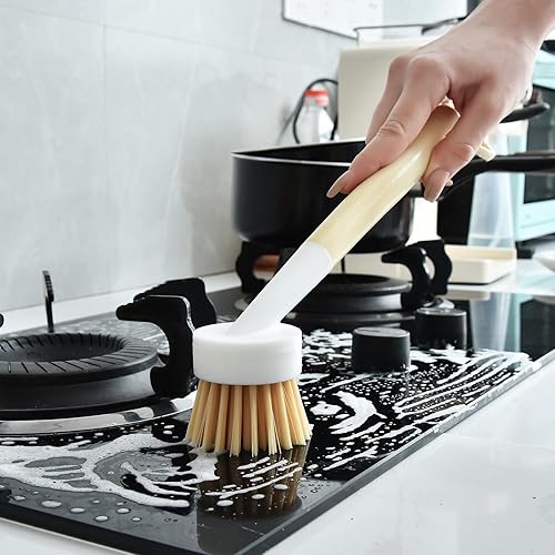 Miniatura 5 de ALINK Cepillo para platos con mango y 3 cabezales de repuesto, cepillo de limpieza de ollas y sartenes para cocina, fregadero, estufa, depurador de