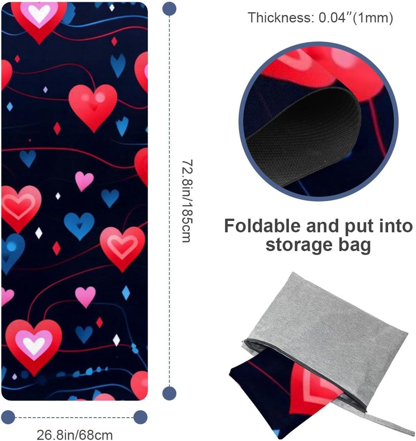 Yoga Towel, Love Heart Pattern Non Slip Sweat Absorbent Hot Yoga Mat Towel for Hot Yoga, Pilates and Fitness - 72.8" x 26.8"