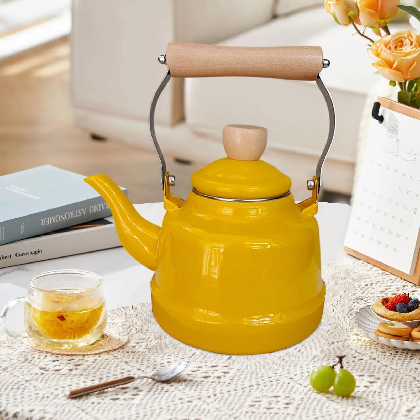 Teekessel Emaille Teekanne Wasserkocher Kaffeekanne mit Hitzebeständigem Holzgriff Und Keramischem Gehäuse für Herd Küche Haushalt Geschenk, Gelb