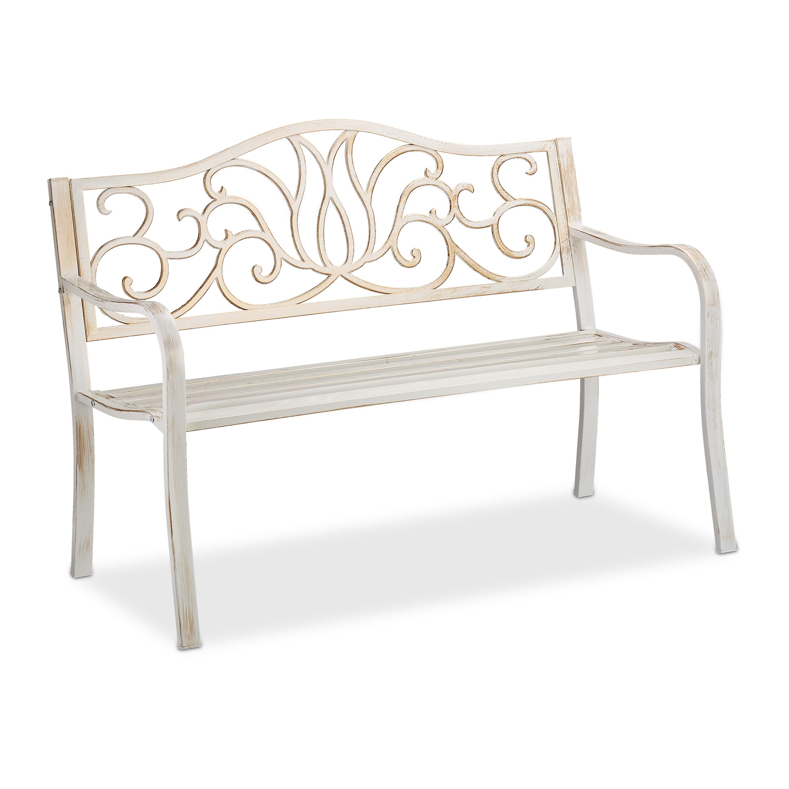 Relaxdays Gartenbank Antik für 2 Personen, Balkon, Terrasse, Premium Rostschutz, Metallbank 90x127,5x63 cm, weiß-bronze