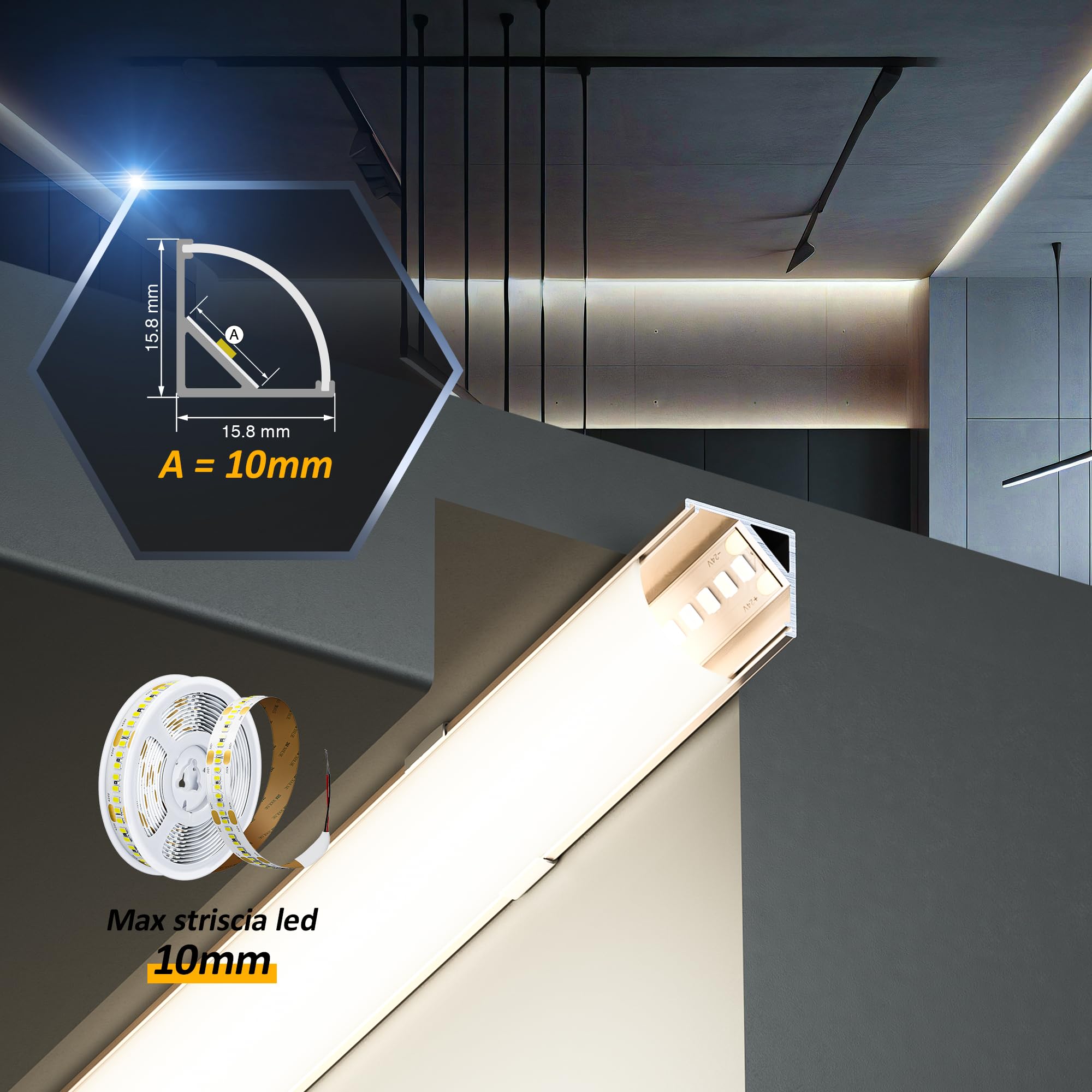 LASLUX Profilo LED Battiscopa 2M x 6, in Alluminio per Strisce fino a 19,7 mm, con Copertura, per Cartongesso e Piastrelle