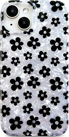 Qokey Shockproof Floral Case for iPhone 14/13 6.1 inch- Vintage Style Flower Design on Sparkling Shell Pattern, Soft Flexible Bumper, Lightweight Protective Phone Cover - Black Daisy