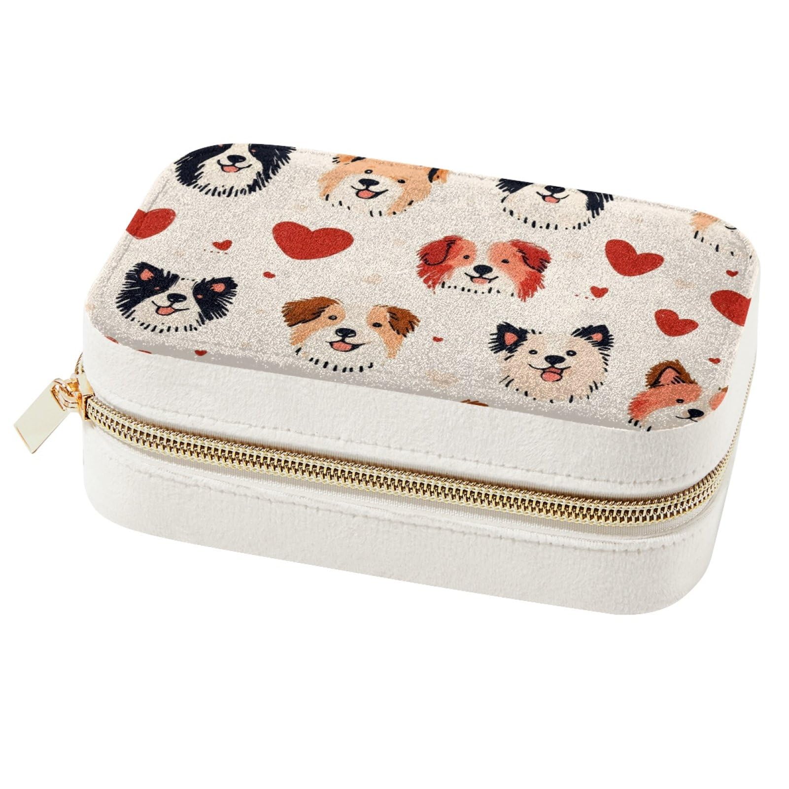 Boîte à bijoux portable cœurs et chiens : petit organiseur de voyage pour bagues et colliers