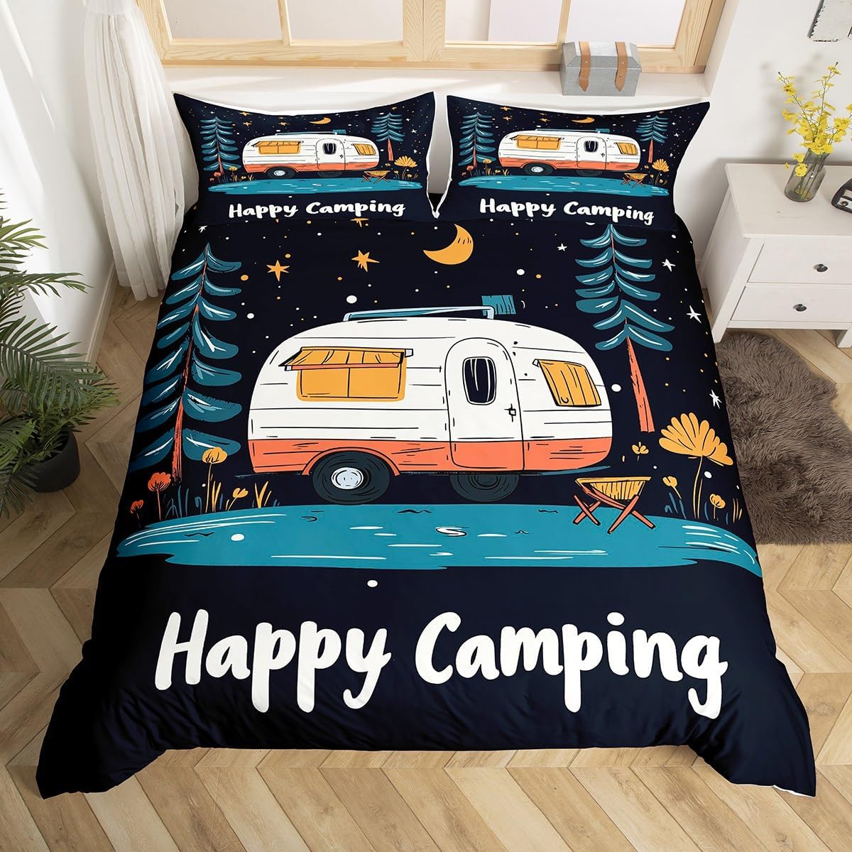 Erosebridal Happy Camping Twin Duvet Cover RV Camper Comforter Cover Night Scenery Camping Bedding Set Retro Style Bed Set with 1 Pillowcase