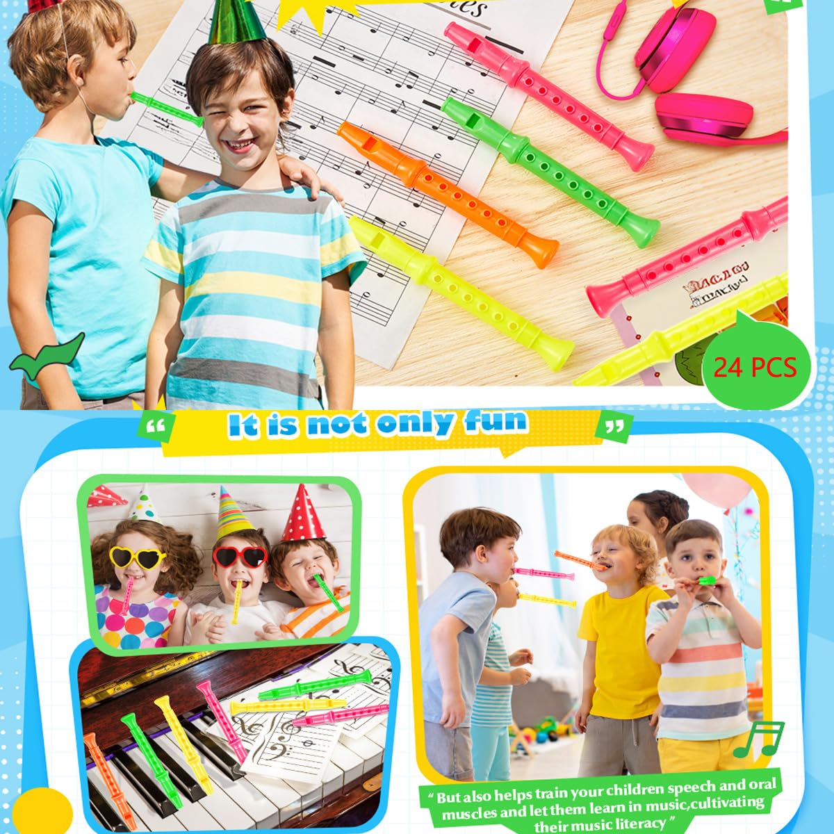 24 Piezas Instrumento para Flauta Dulce para Niños, Flautas de Plástico 6 Orificios, Flauta Musical, Instrumentos Musicales, Juguete para Fiesta Música, Favores Fiesta para Niños, Regalo Rellenos Bols