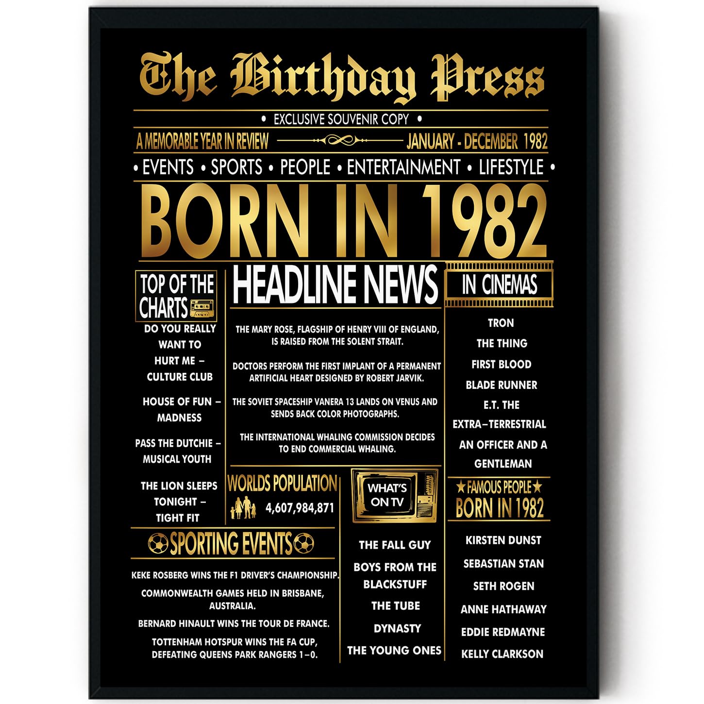 Stuff4 Gold 44th Birthday Poster Framed, Golden Born In 1982 Newspaper