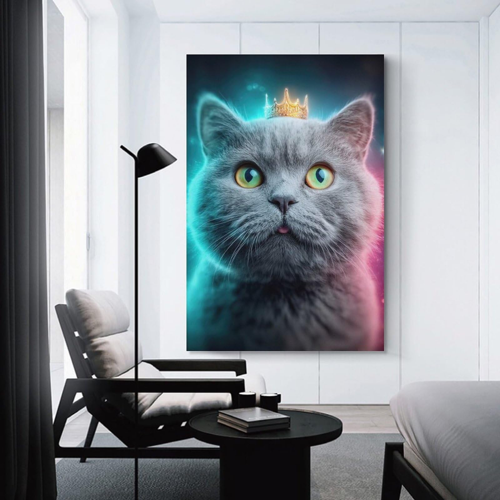 Junmoney Regal Gray Cat with Crown Room Decor Wall Art 12x18inch(30x45cm), for Art Walls, Layered Displays Or Homes, Wall Decor Suited to Curated Displays