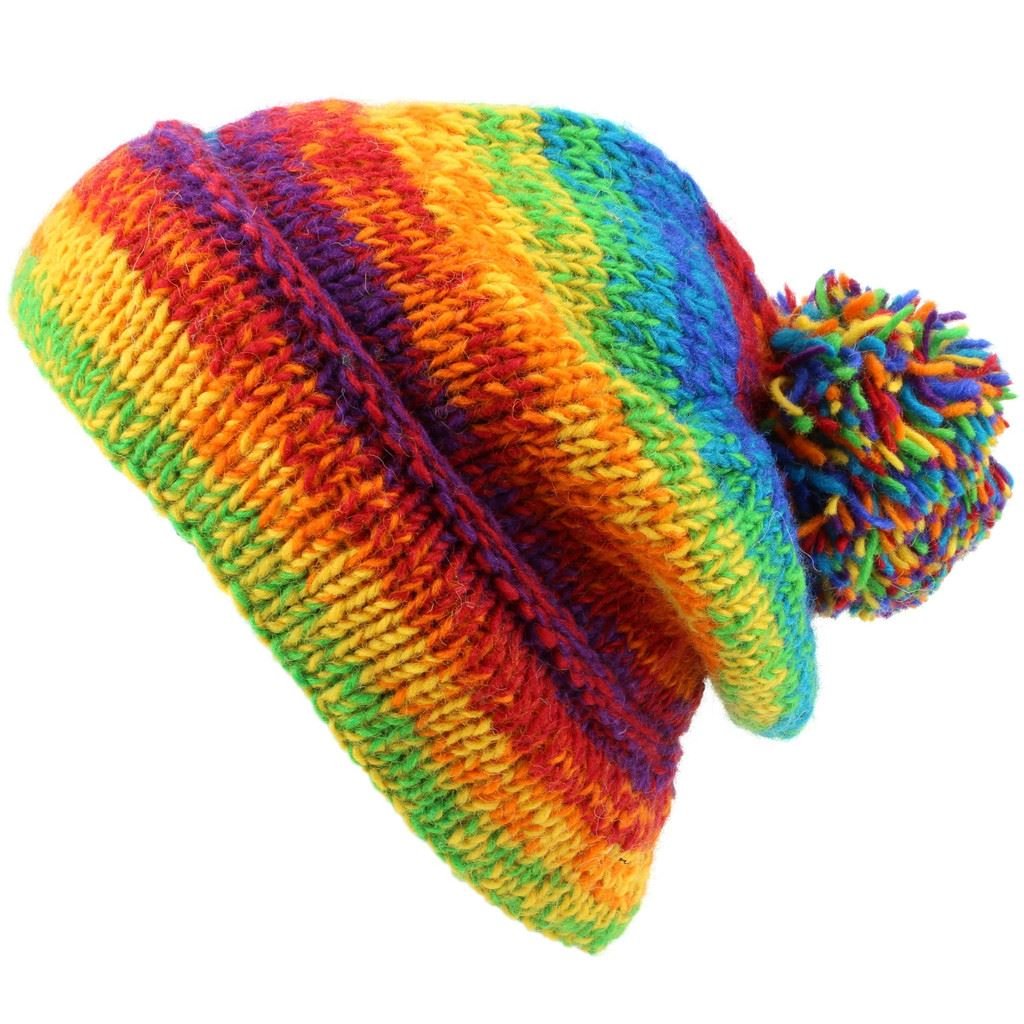 LOUDelephant Chunky Wool Knit Baggy Slouch Beanie Bobble Hat - Rainbow