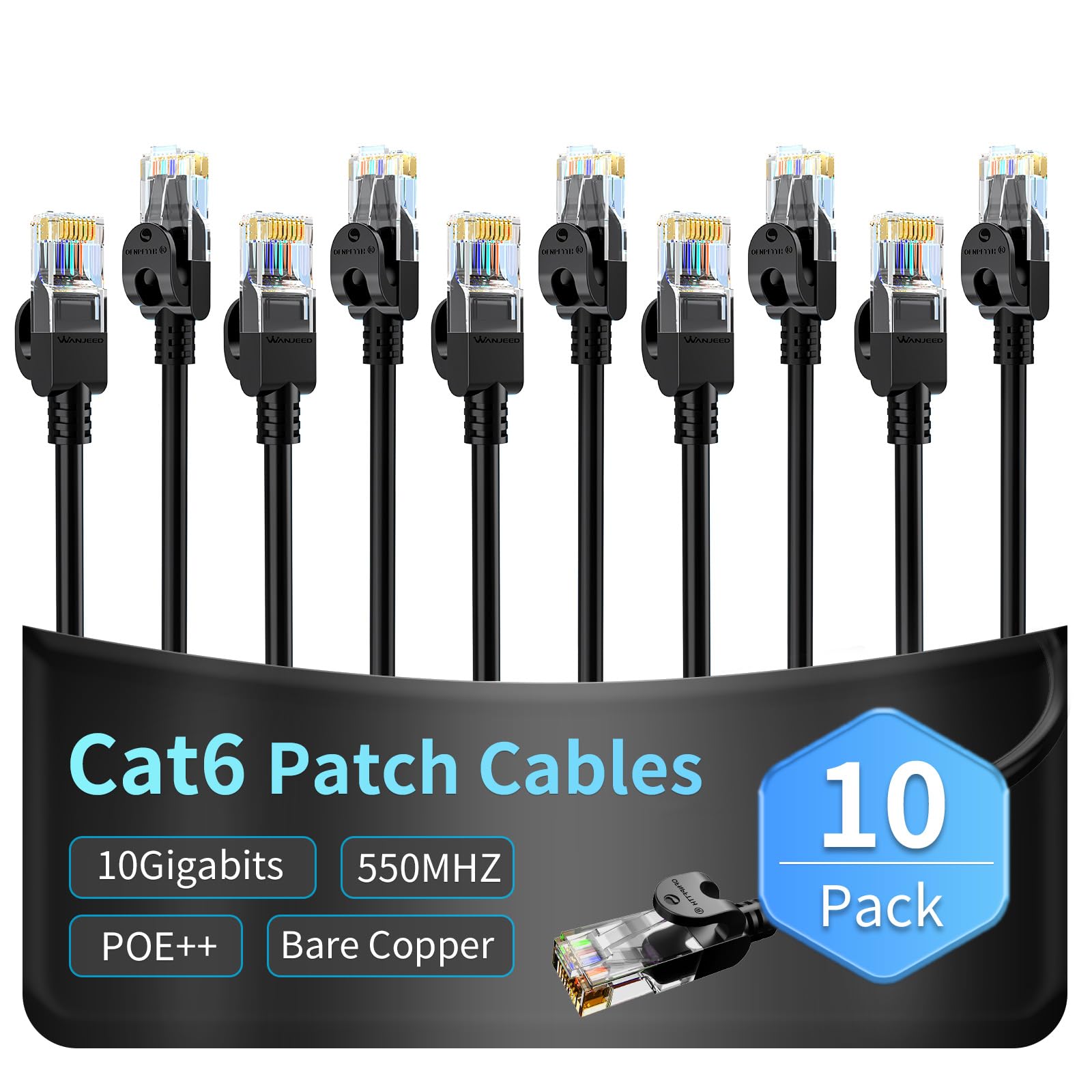 Cable Ethernet Cat 6 de 3.3 pies, paquete de 10 unidades, para exteriores e interiores, 10 Gbps, compatible con red Cat8 Cat7, cable de conexión plano RJ46 Internet LAN para router, módem, interruptor