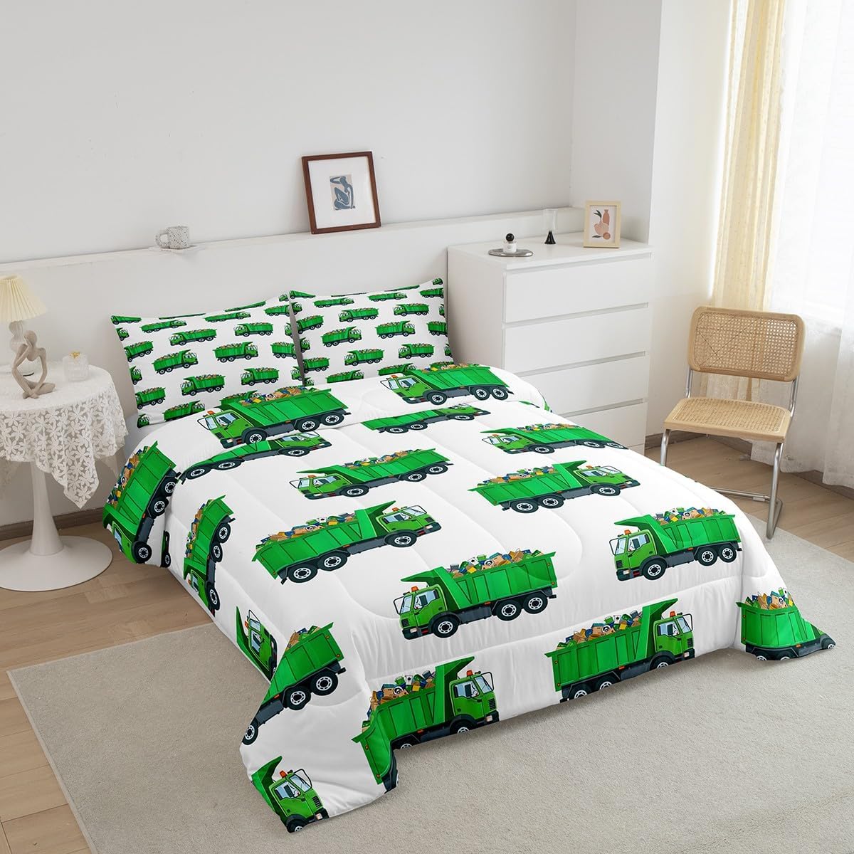 Erosebridal Garbage Truck Queen Comforter Set for Kids Boys Girls Room Decor,Green Recycling Truck Toddler Bedding Set,Cartoon Construction Truck Comforter Set Vehicle Car Quilt Bed Set 3Pcs